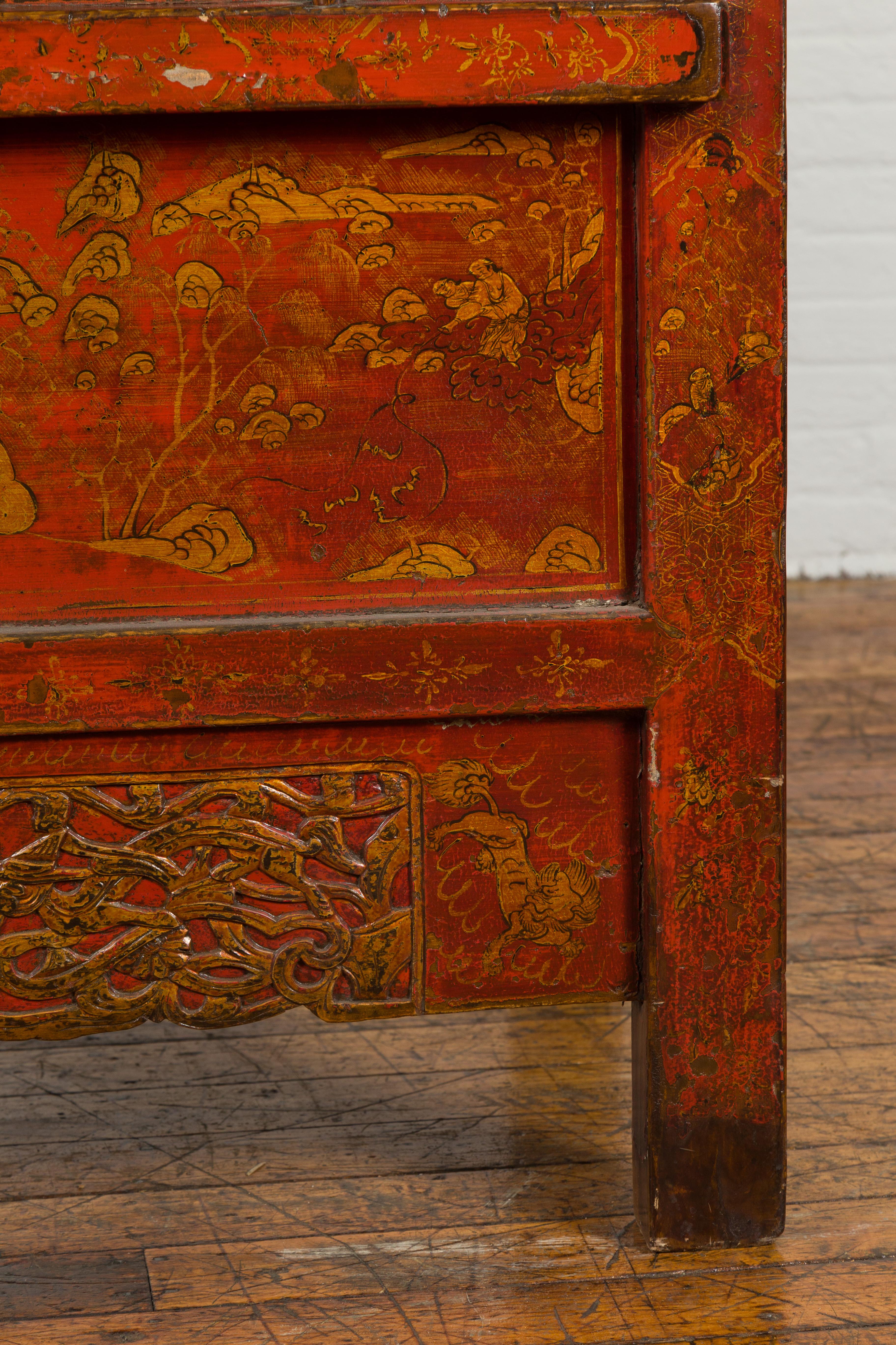 Chinese Qing Dynasty Period Red Lacquered Cabinet with Gilt Chinoiserie Décor For Sale 7