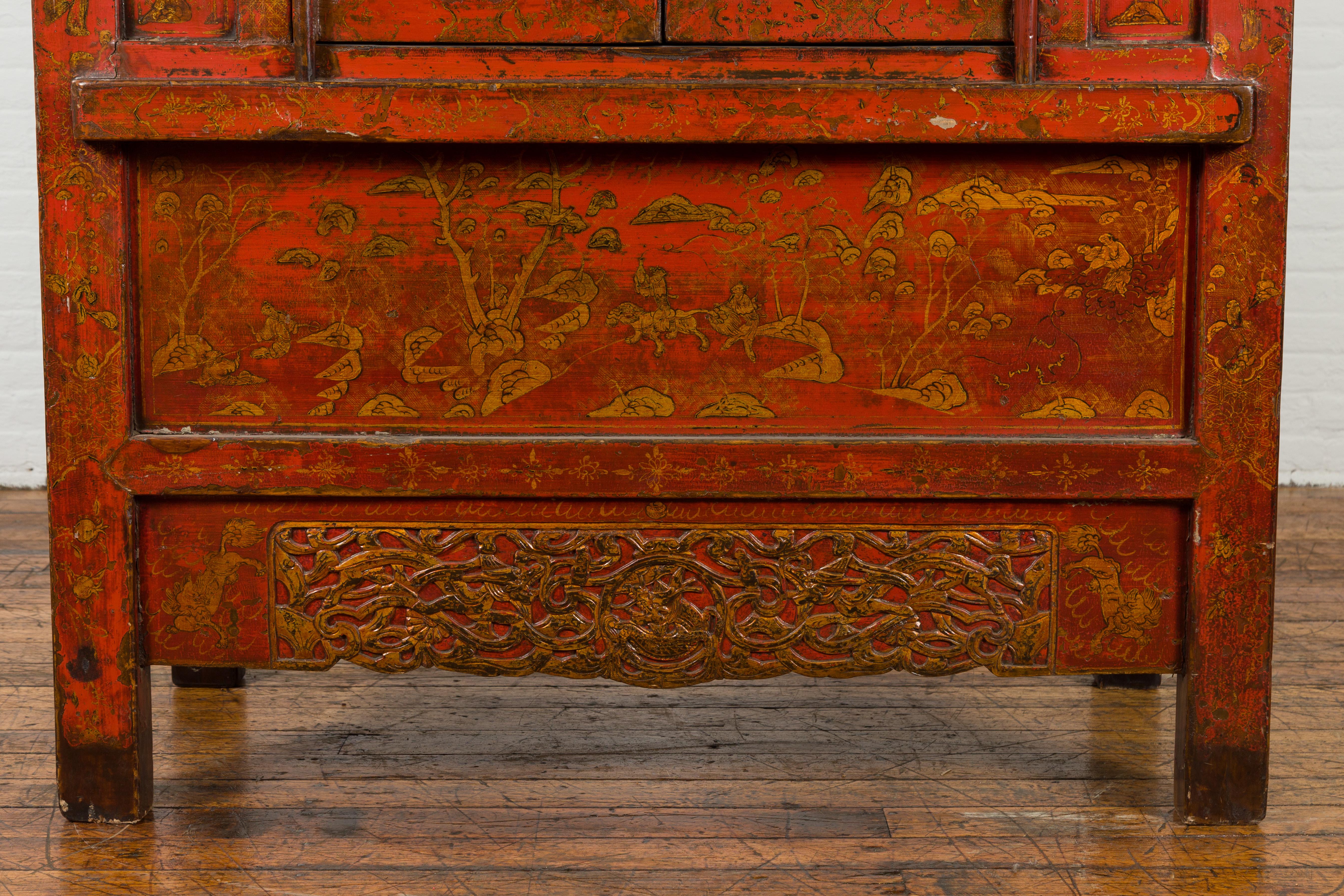 Chinese Qing Dynasty Period Red Lacquered Cabinet with Gilt Chinoiserie Décor For Sale 8