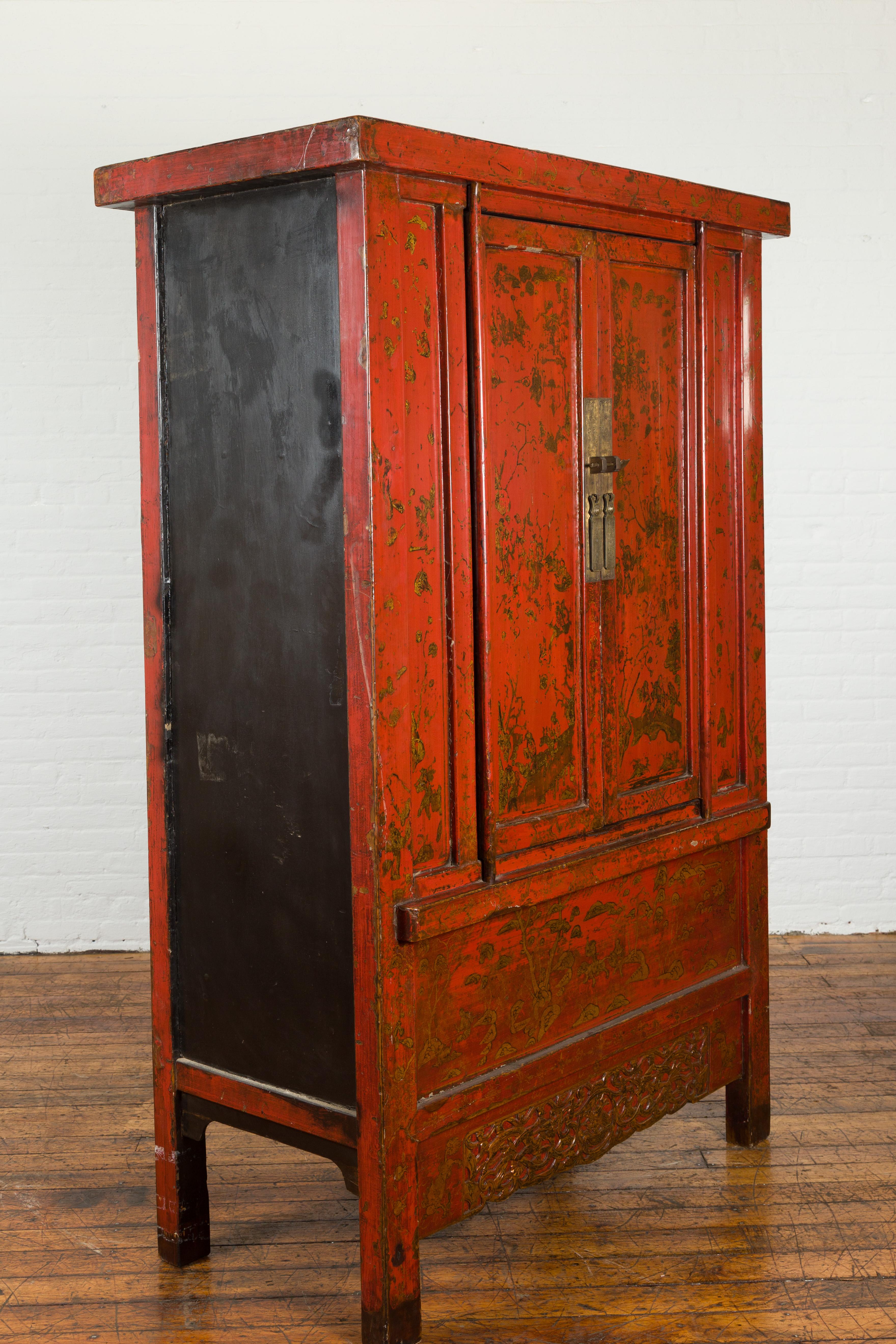 Hand-Painted Chinese Qing Dynasty Period Red Lacquered Cabinet with Gilt Chinoiserie Décor For Sale