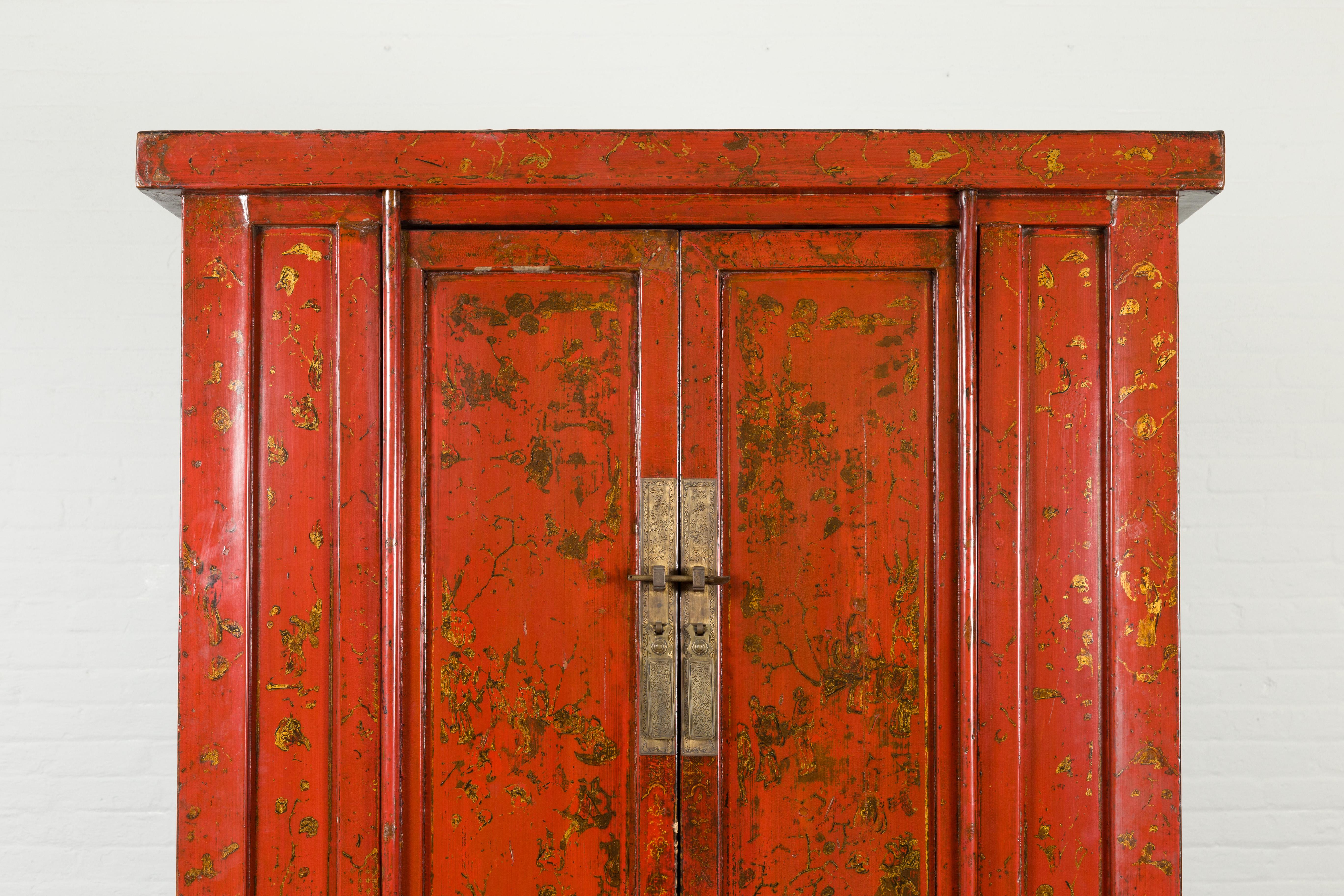 Wood Chinese Qing Dynasty Period Red Lacquered Cabinet with Gilt Chinoiserie Décor For Sale