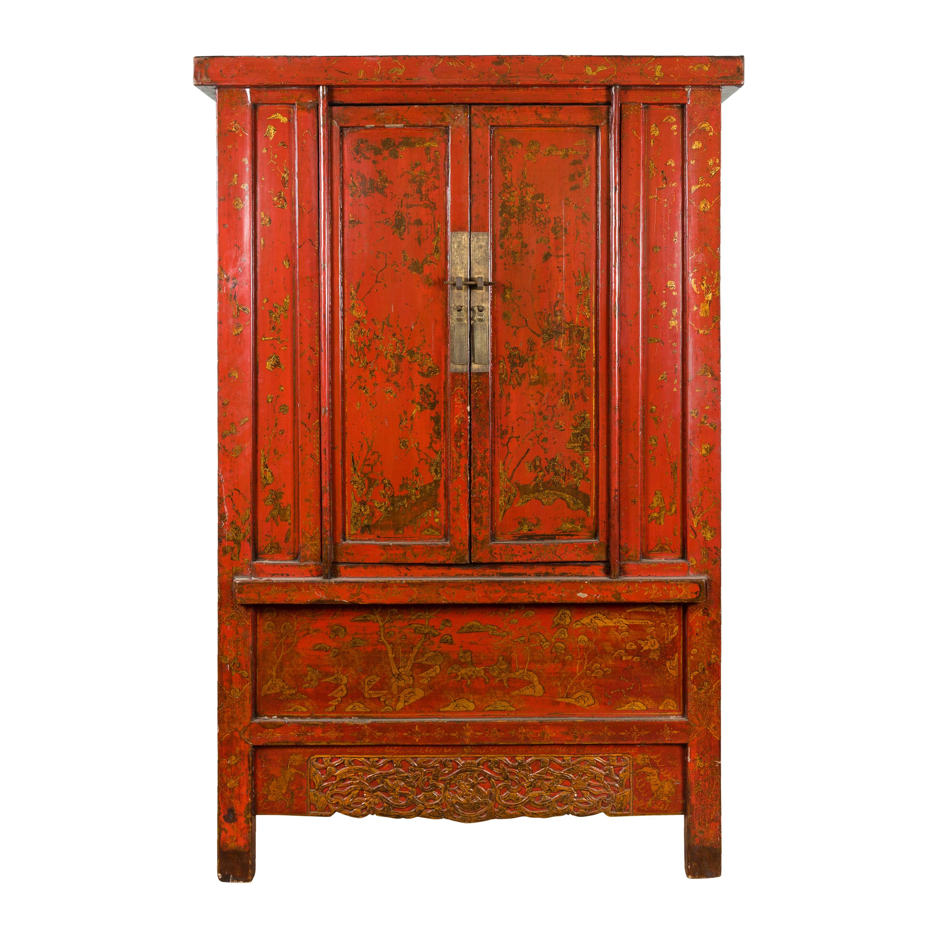Chinese Qing Dynasty Period Red Lacquered Cabinet with Gilt Chinoiserie Décor
