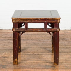 Qing Dynasty Side Table with Carved Spandrels and Distressed Finish
