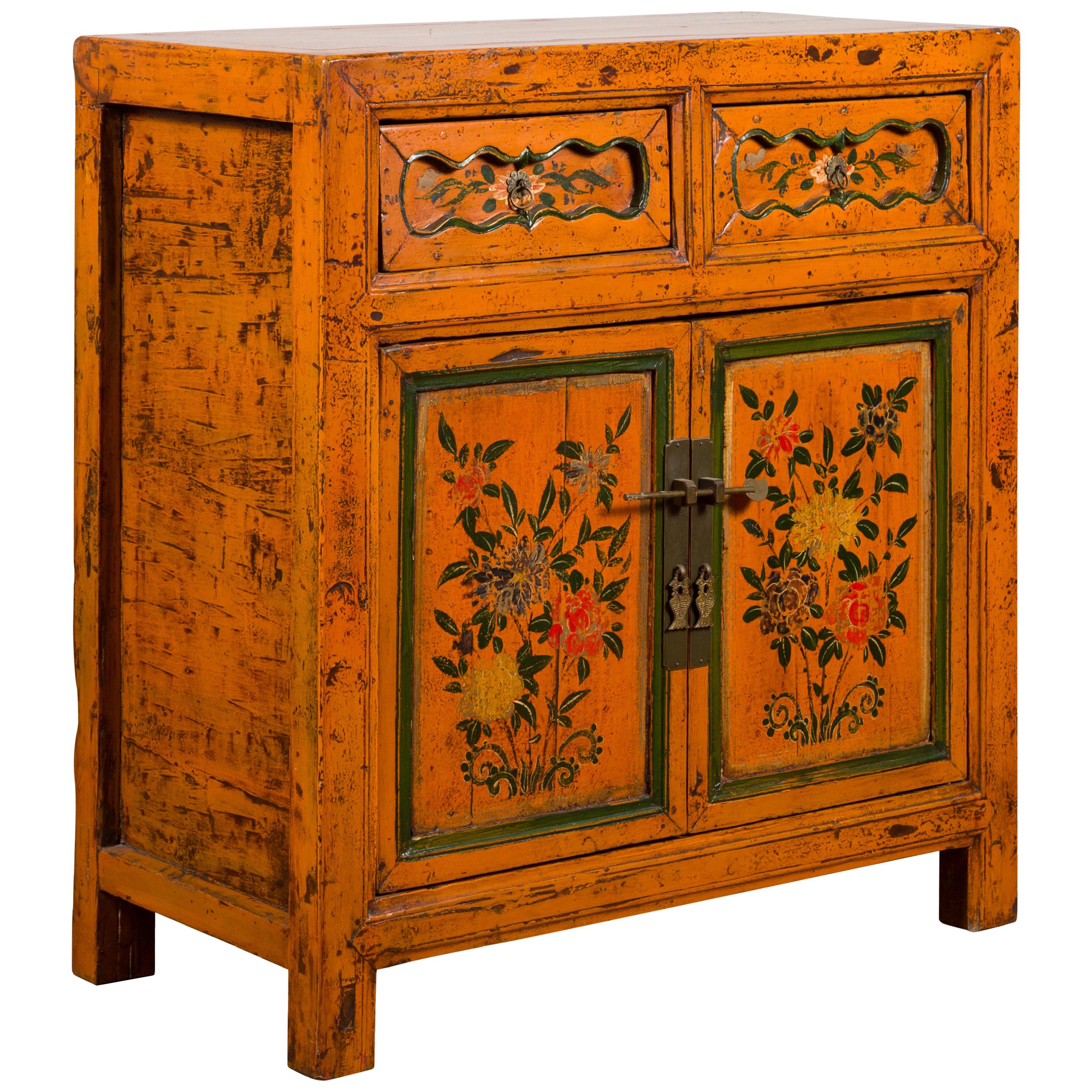 Chinese Qing Dynasty Period Tibetan Style Gansu Cabinet with Hand-Painted Decor