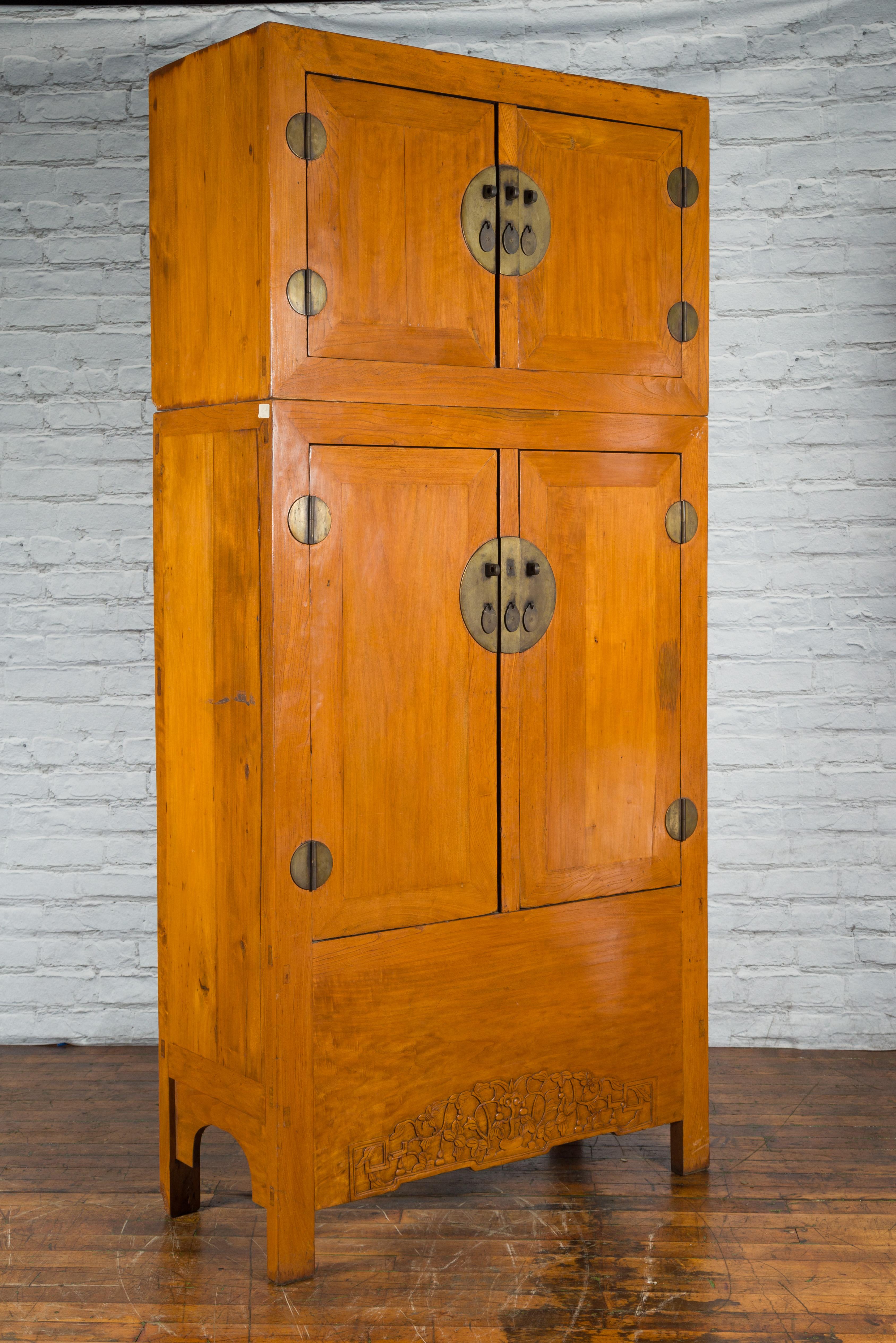Chinese Qing Dynasty Period Wooden Compound Cabinet with Doors and Carved Apron In Good Condition For Sale In Yonkers, NY