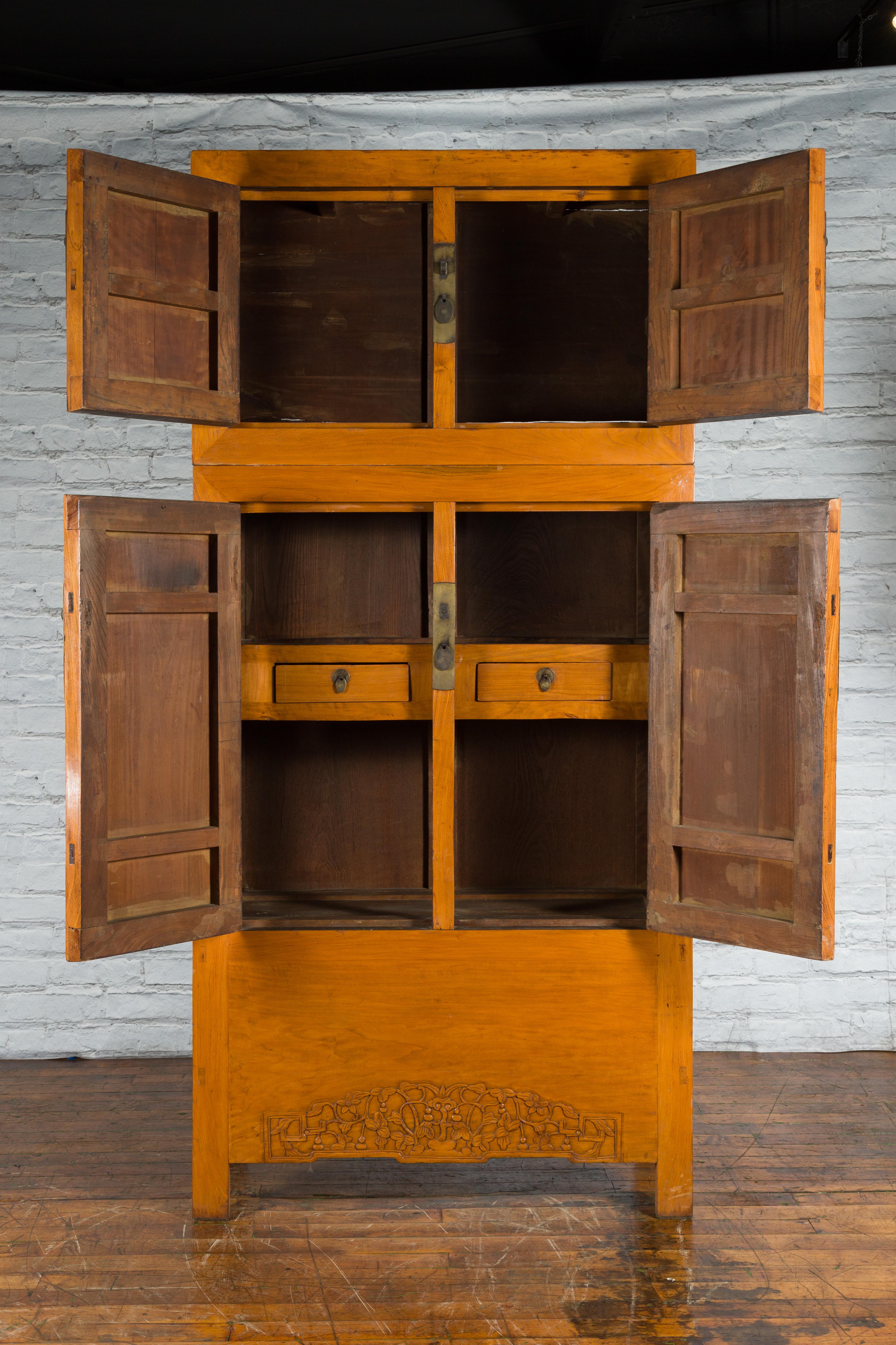 19th Century Chinese Qing Dynasty Period Wooden Compound Cabinet with Doors and Carved Apron For Sale