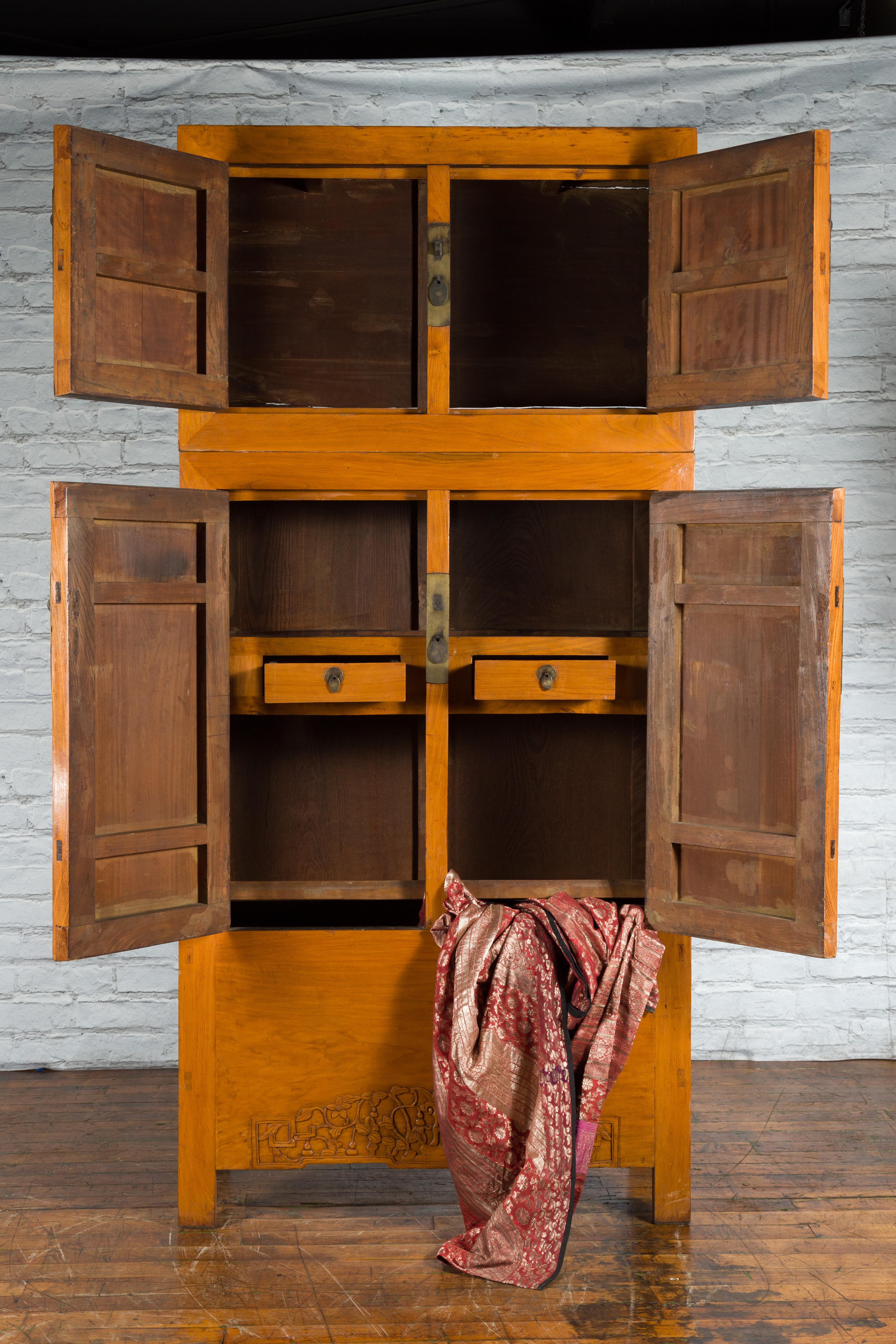 Brass Chinese Qing Dynasty Period Wooden Compound Cabinet with Doors and Carved Apron For Sale