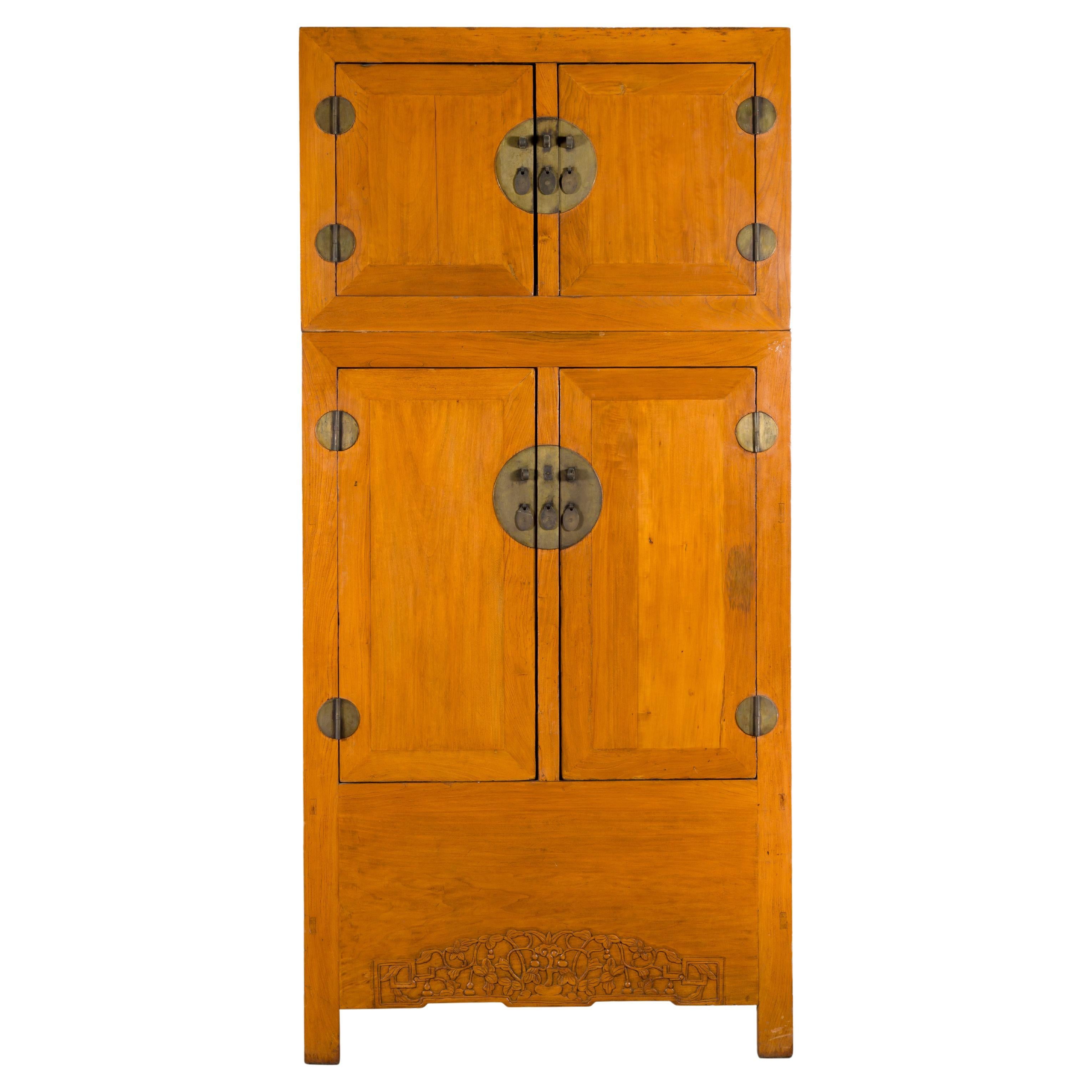 Chinese Qing Dynasty Period Wooden Compound Cabinet with Doors and Carved Apron For Sale