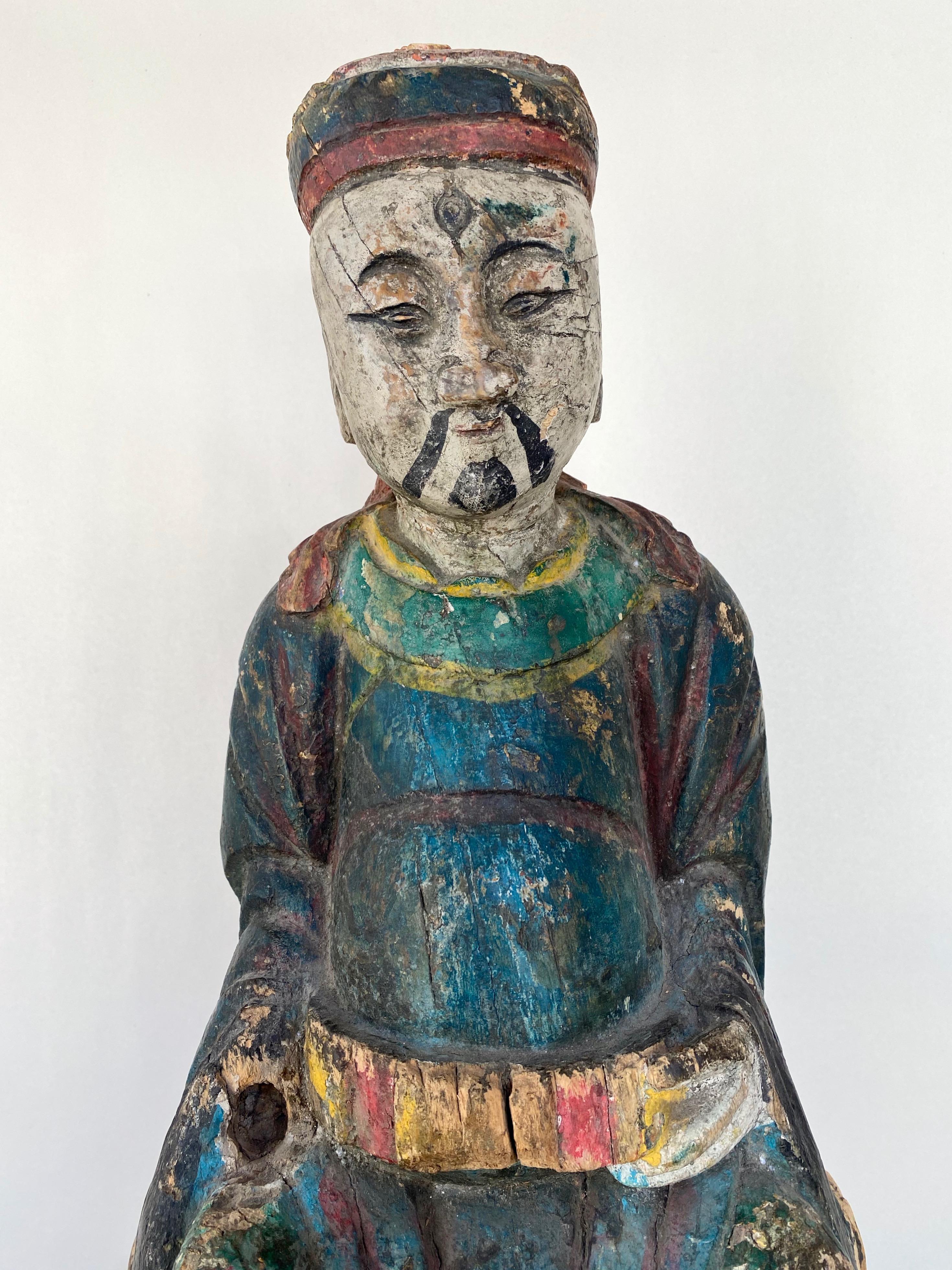 Chinese Qing Dynasty Polychrome Hand-Carved Wooden Sage Statue, c. 1800 3