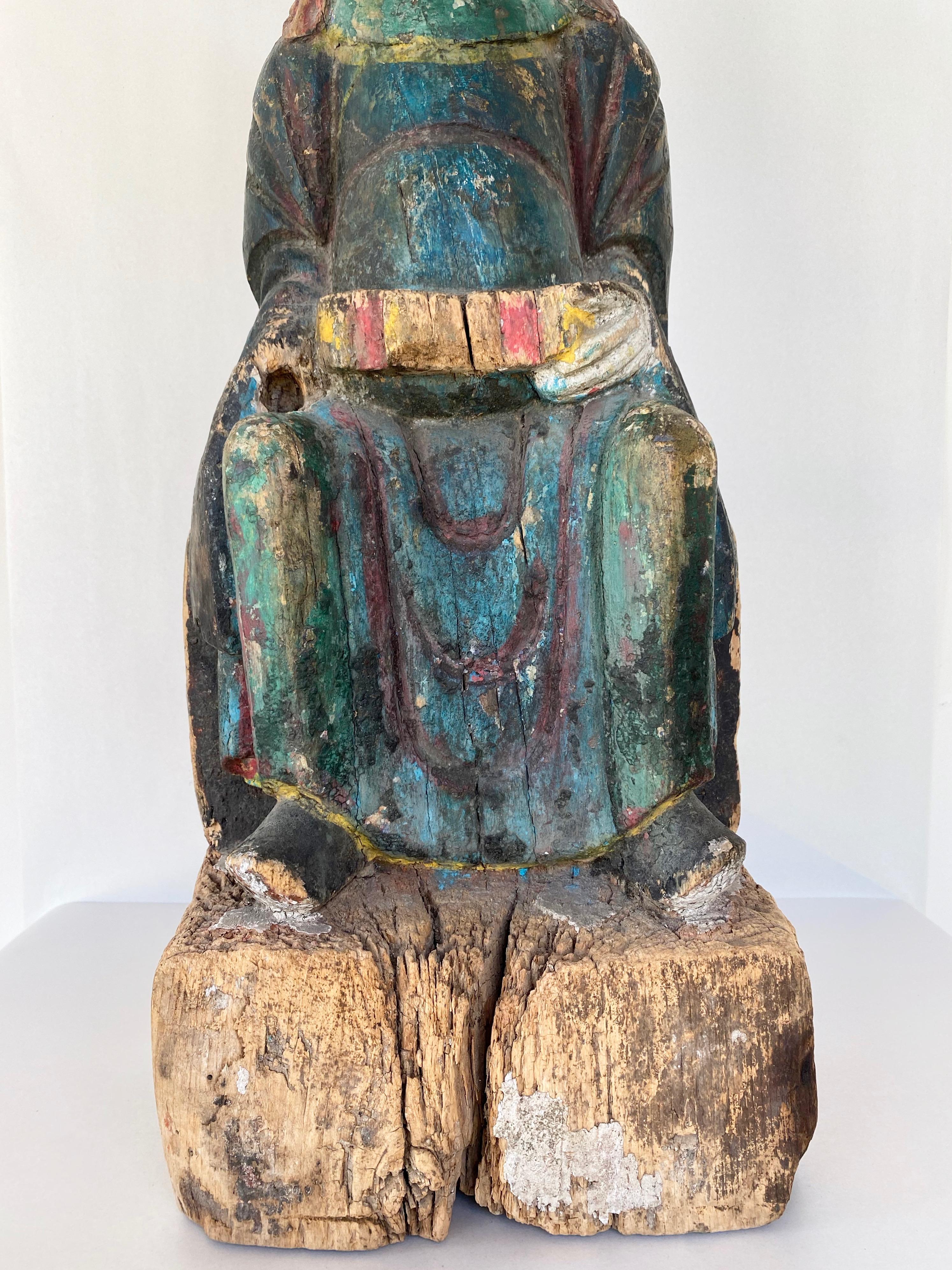 Chinese Qing Dynasty Polychrome Hand-Carved Wooden Sage Statue, c. 1800 4