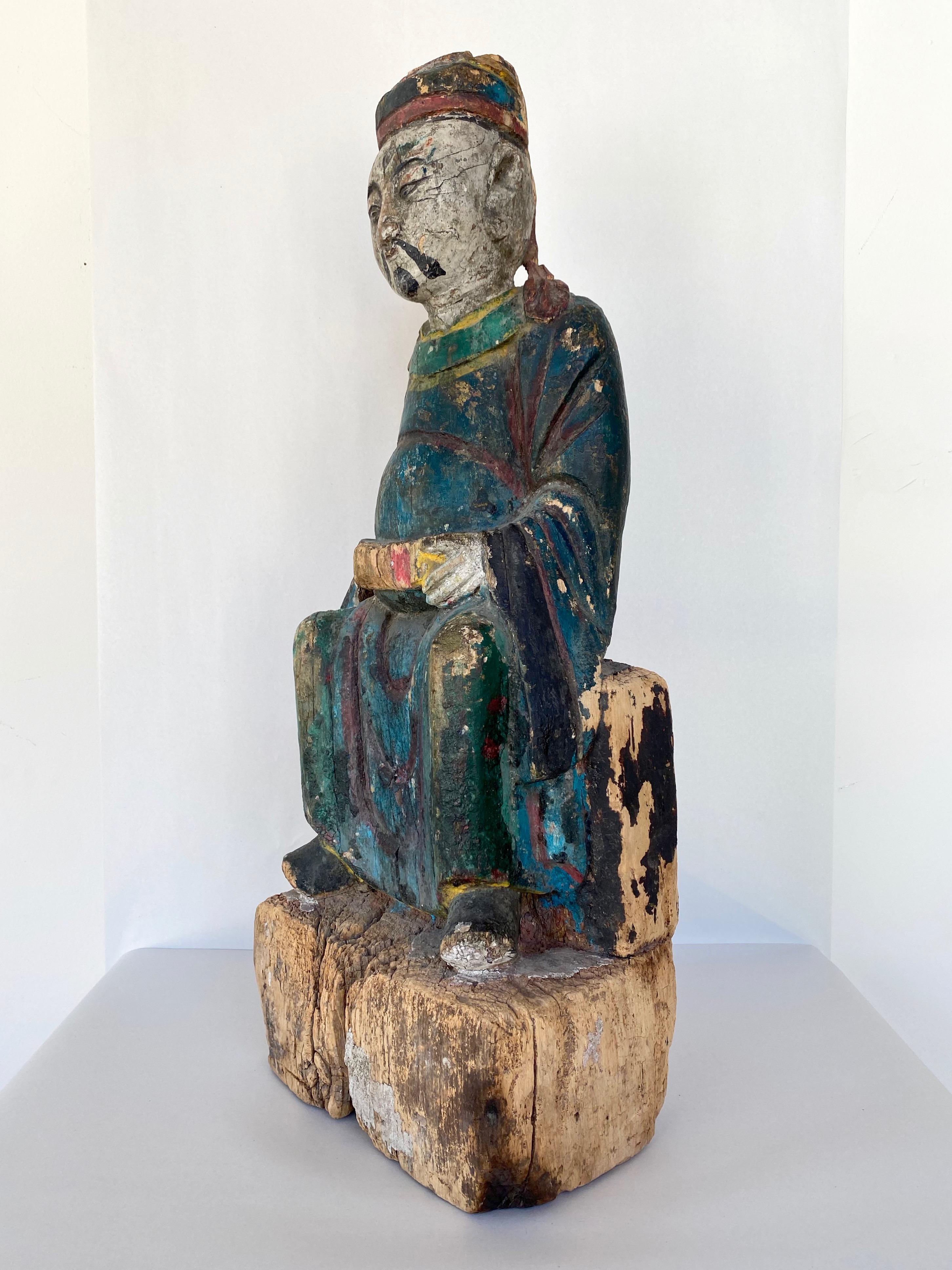 Chinese Qing Dynasty Polychrome Hand-Carved Wooden Sage Statue, c. 1800 2