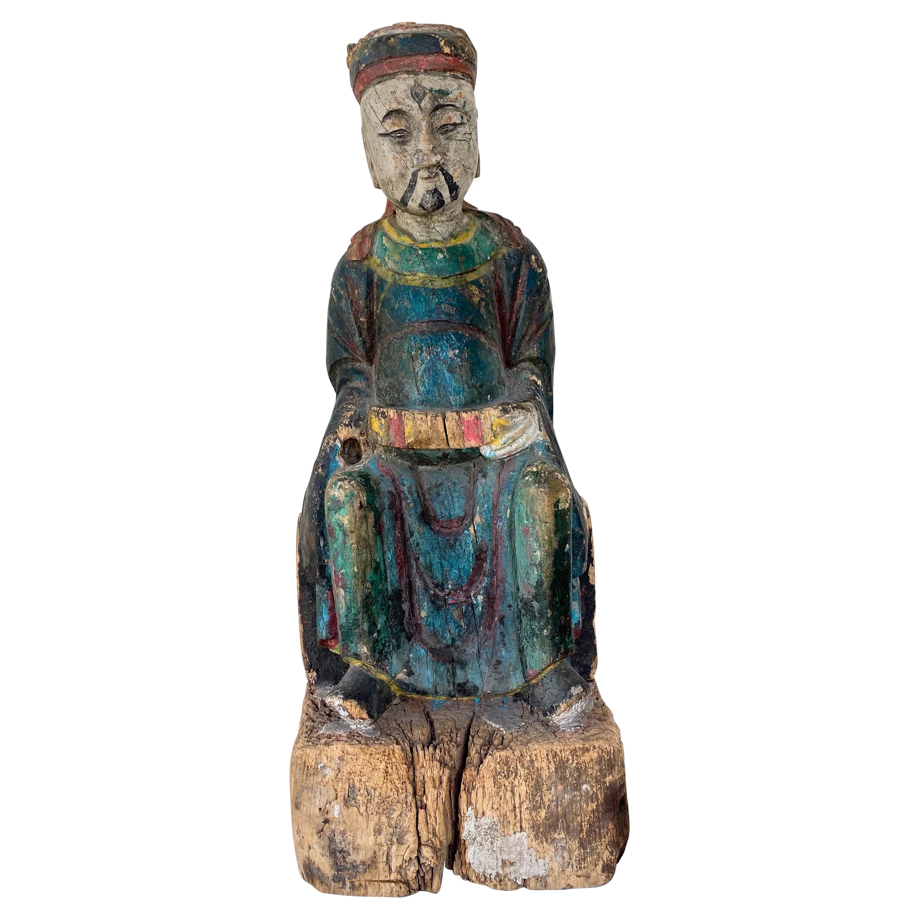 Chinese Qing Dynasty Polychrome Hand-Carved Wooden Sage Statue, c. 1800