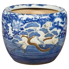 Chinese Qing Dynasty Porcelain Planter with Blue and White Birds in Landscapes