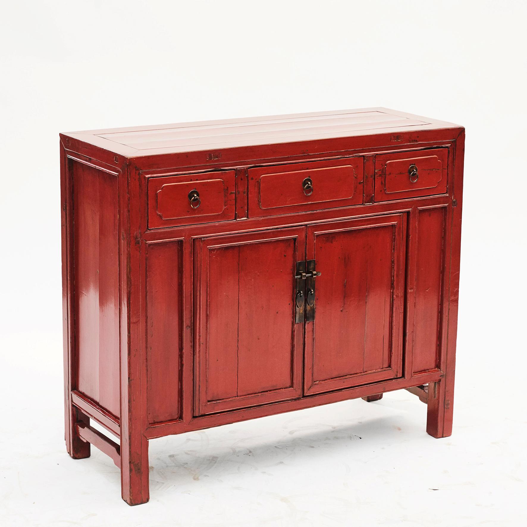 Lacquered Chinese Qing Dynasty Red Lacquer Cabinet, 1880