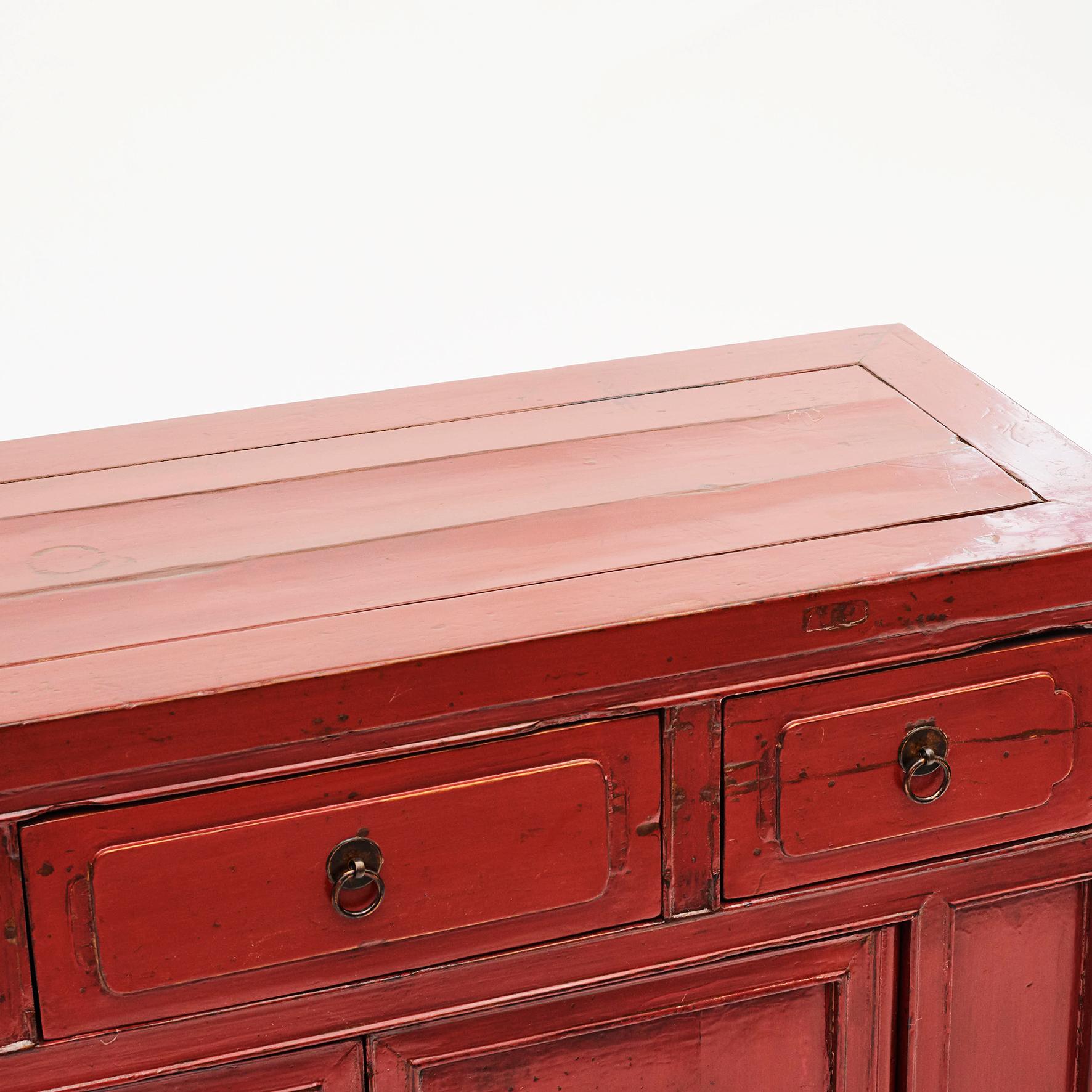 Chinese Qing Dynasty Red Lacquer Cabinet, 1880 1