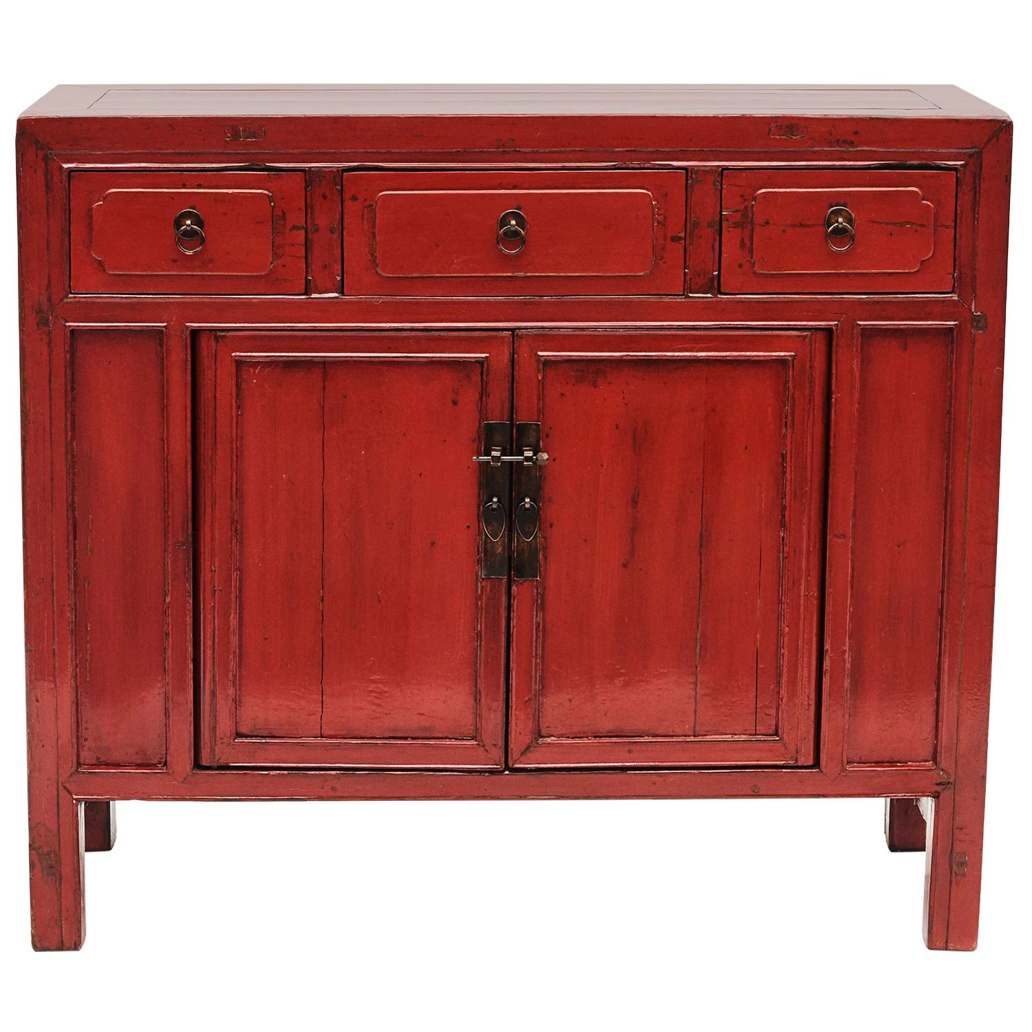 Chinese Qing Dynasty Red Lacquer Cabinet, 1880