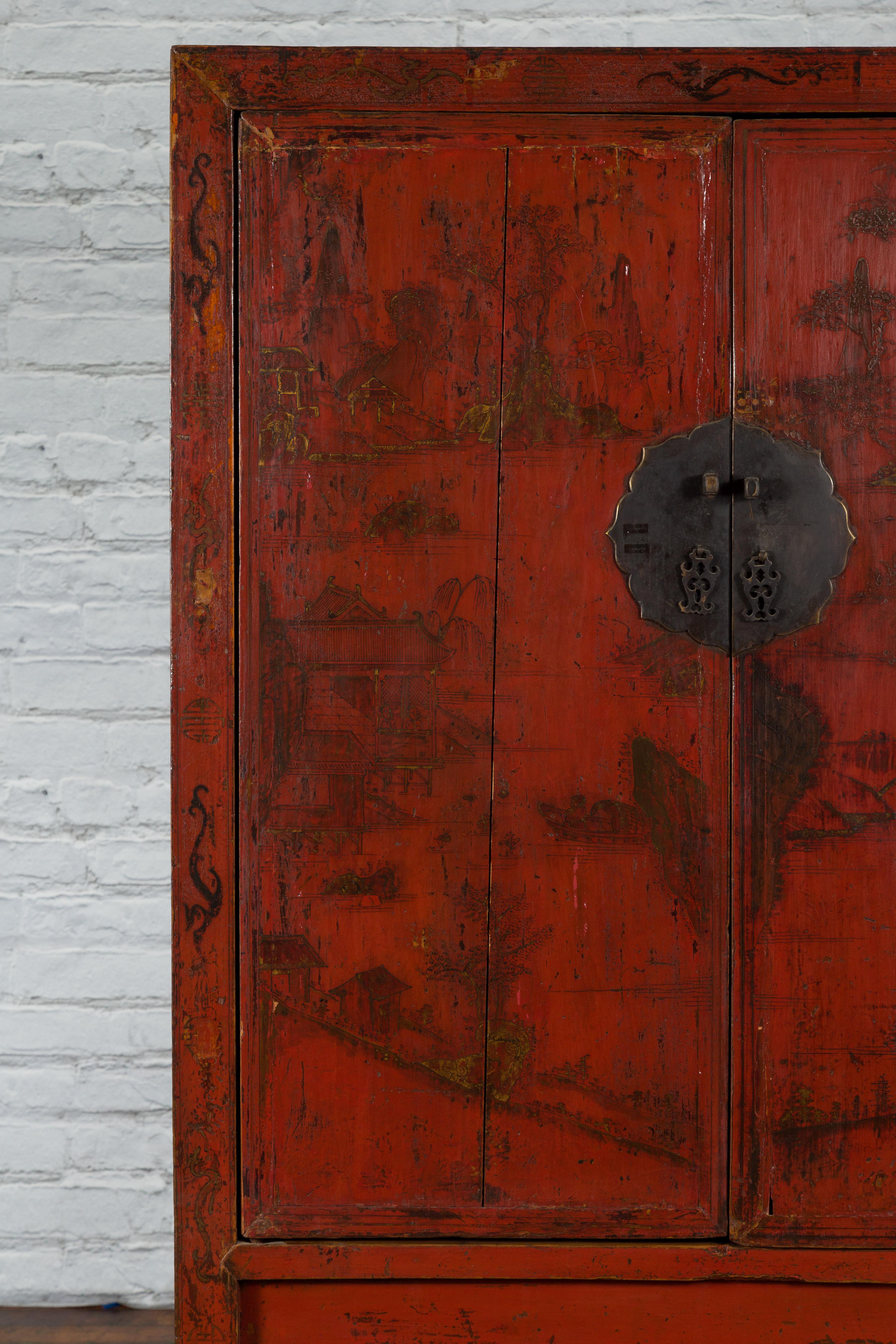 Chinese Qing Dynasty Red Lacquer Cabinet with Hand-Painted Décor For Sale 5