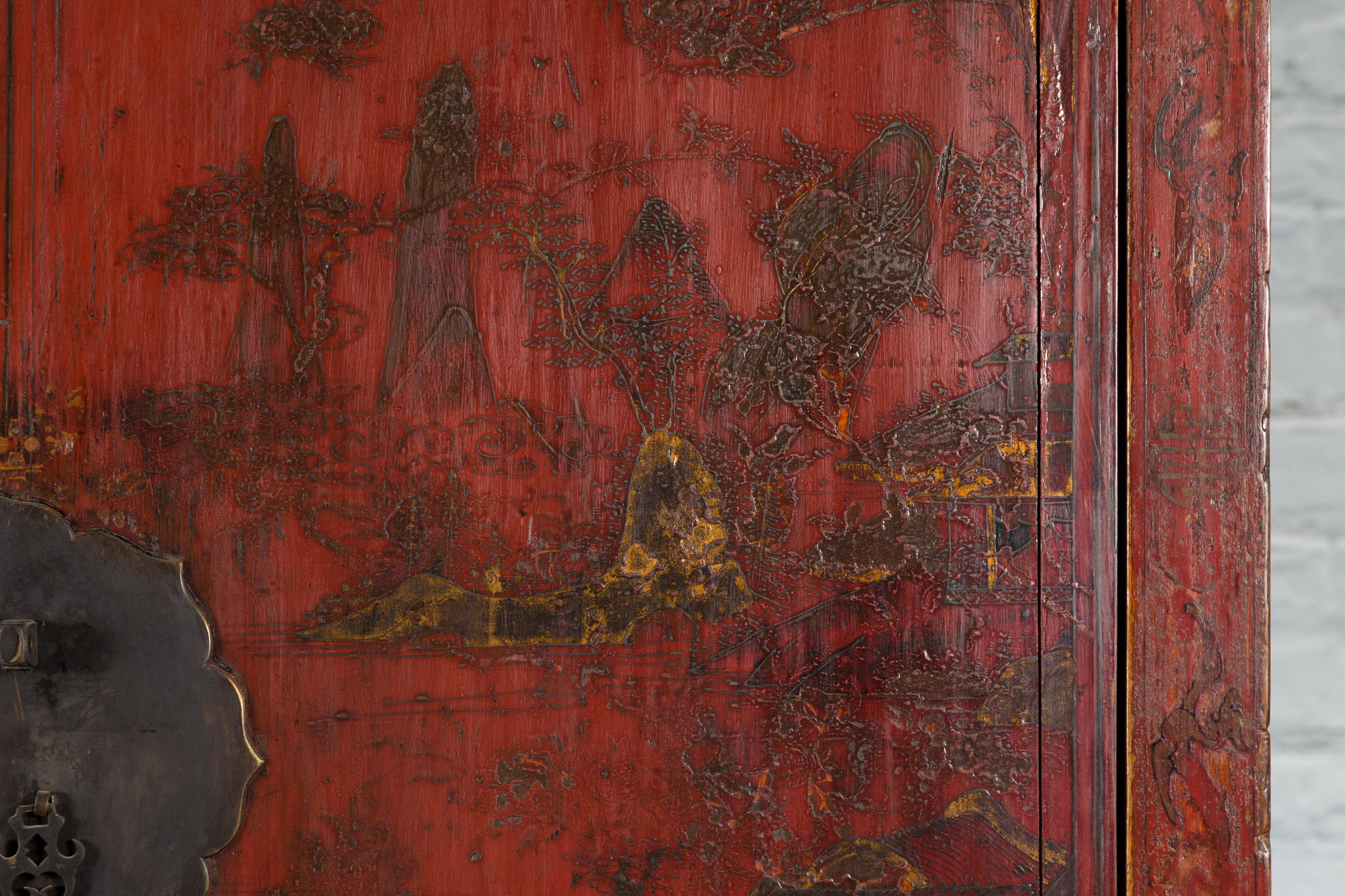 Chinese Qing Dynasty Red Lacquer Cabinet with Hand-Painted Décor For Sale 4
