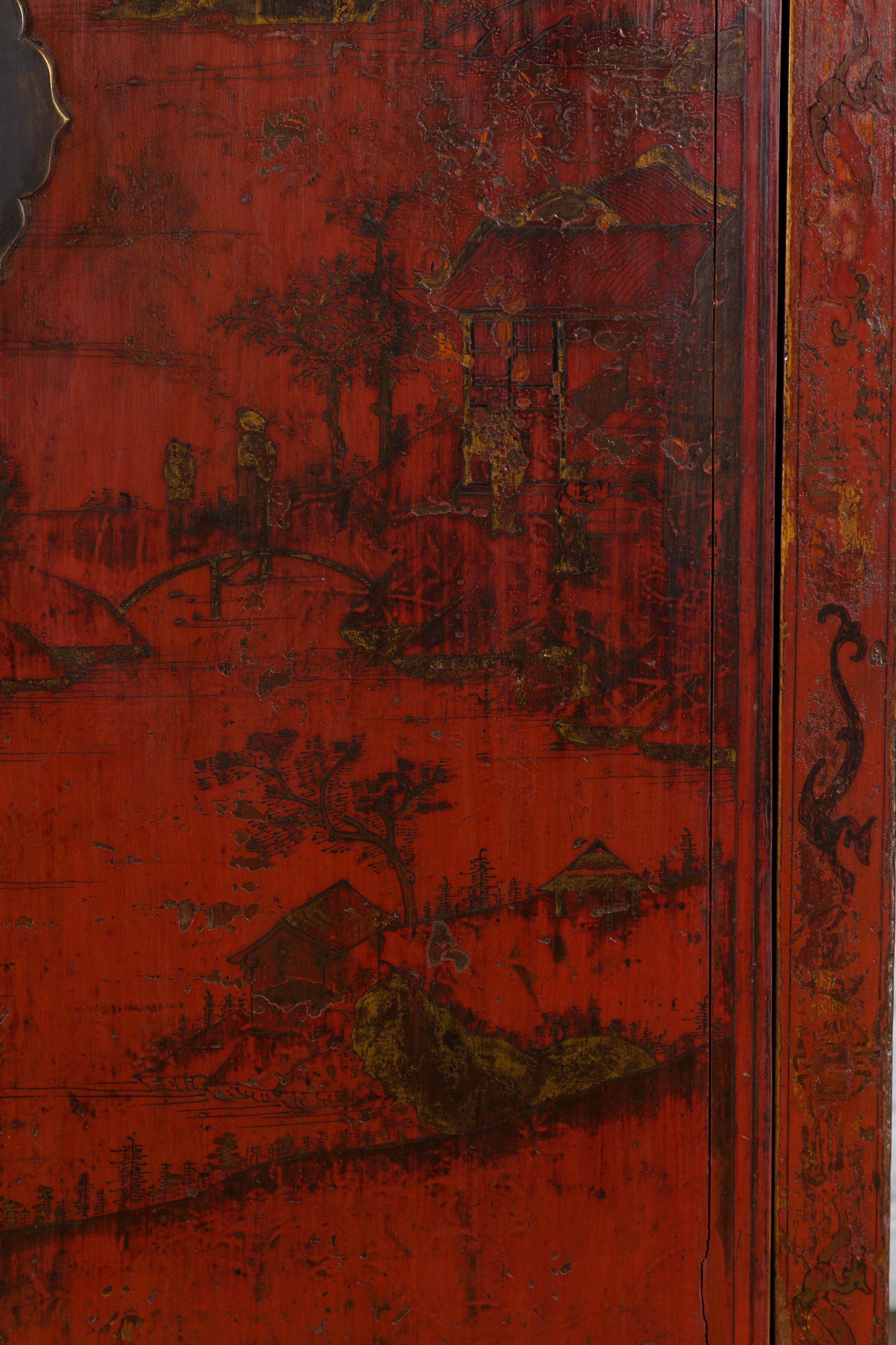 Chinese Qing Dynasty Red Lacquer Cabinet with Hand-Painted Décor For Sale 5