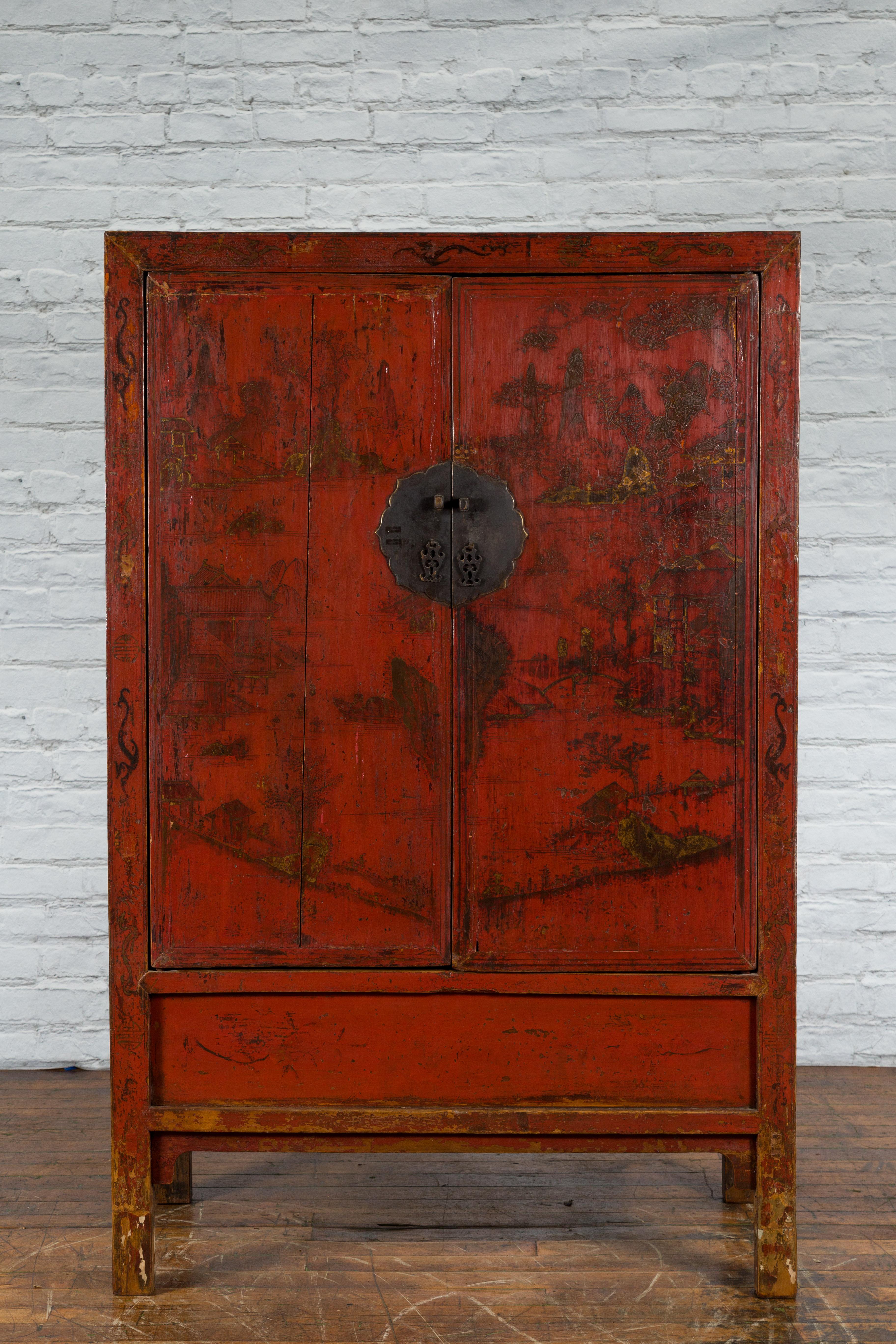 Chinese Qing Dynasty Red Lacquer Cabinet with Hand-Painted Décor For Sale 12