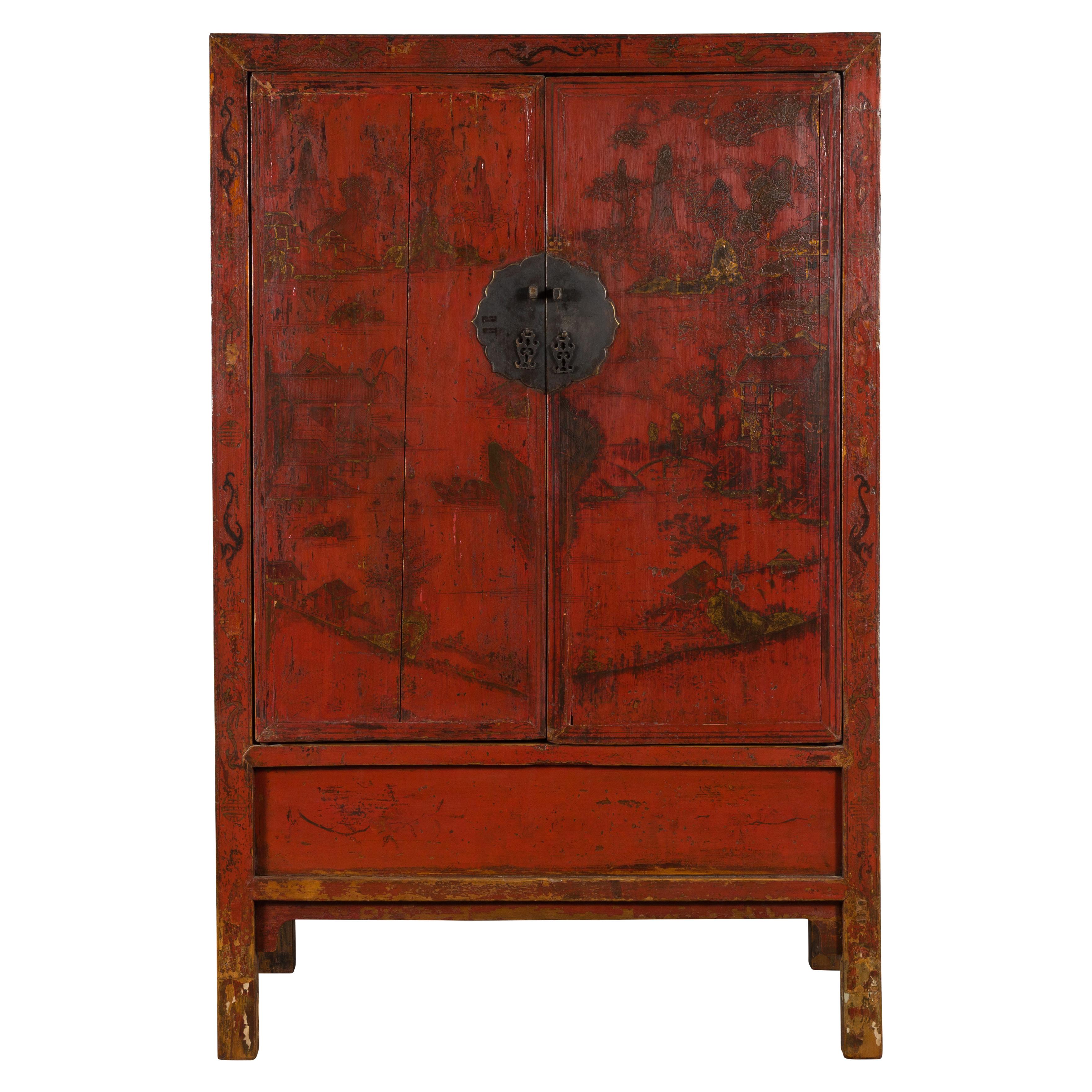 Chinese Qing Dynasty Red Lacquer Cabinet with Hand-Painted Décor For Sale 13