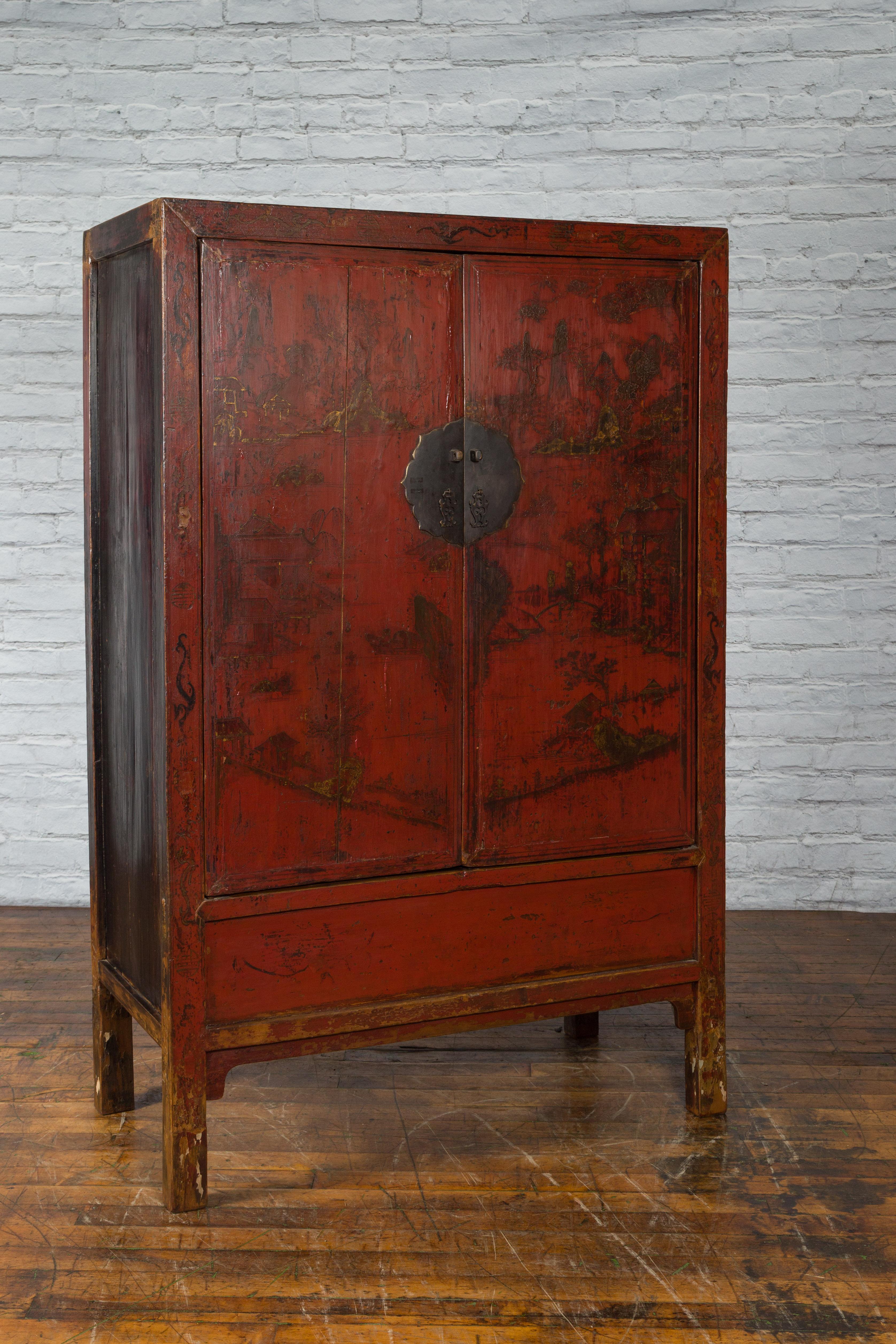 Gilt Chinese Qing Dynasty Red Lacquer Cabinet with Hand-Painted Décor For Sale