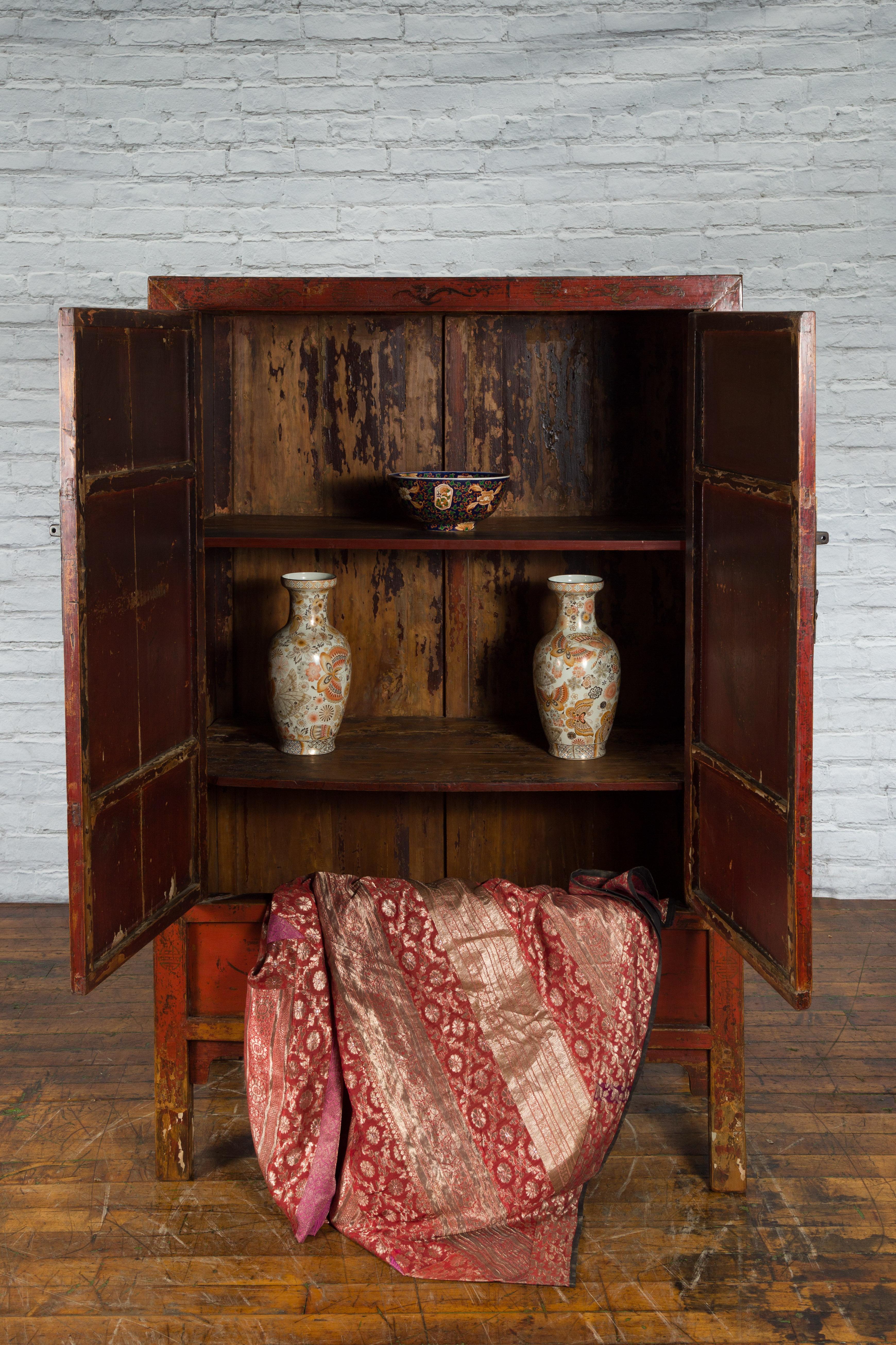 19th Century Chinese Qing Dynasty Red Lacquer Cabinet with Hand-Painted Décor For Sale