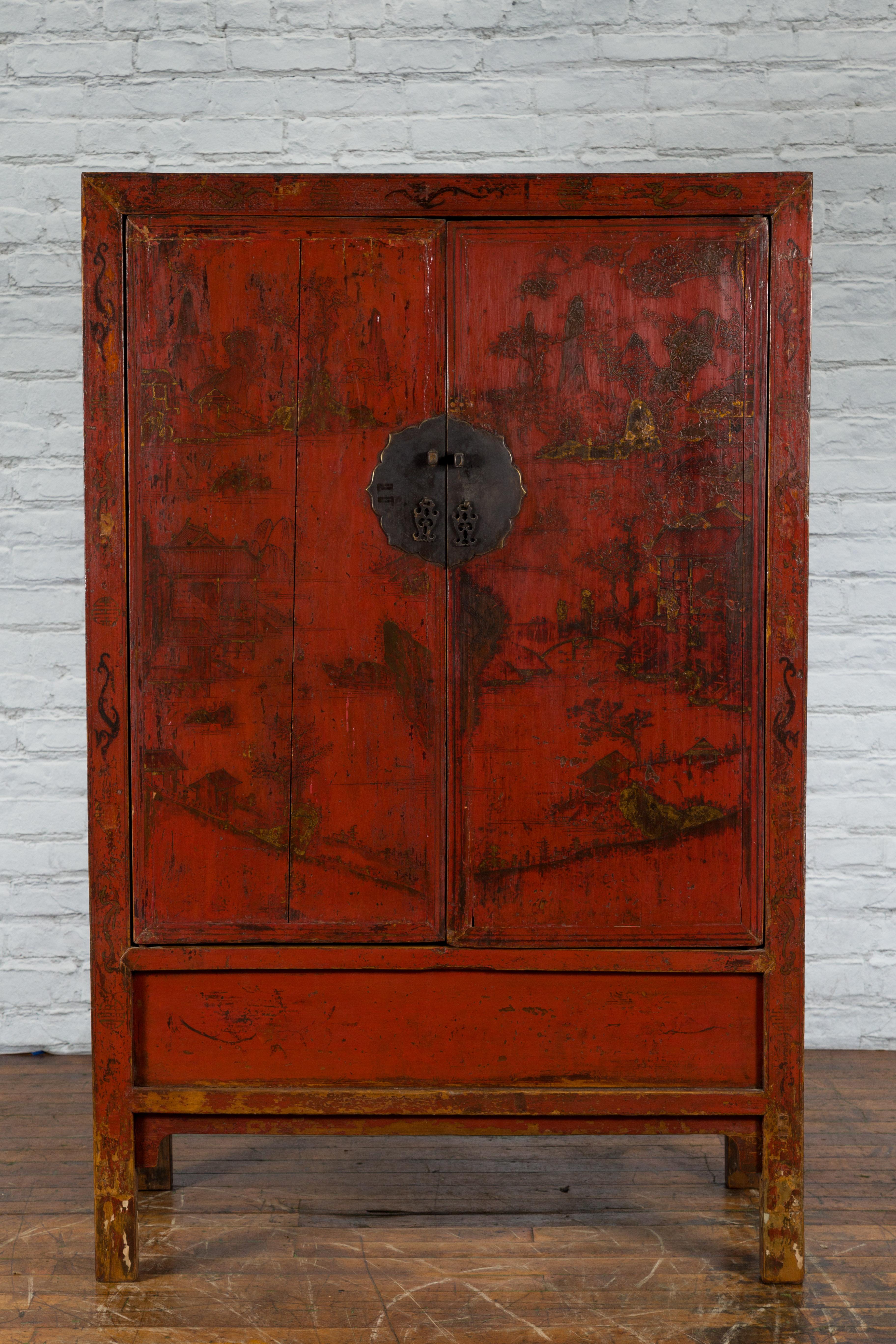Brass Chinese Qing Dynasty Red Lacquer Cabinet with Hand-Painted Décor For Sale
