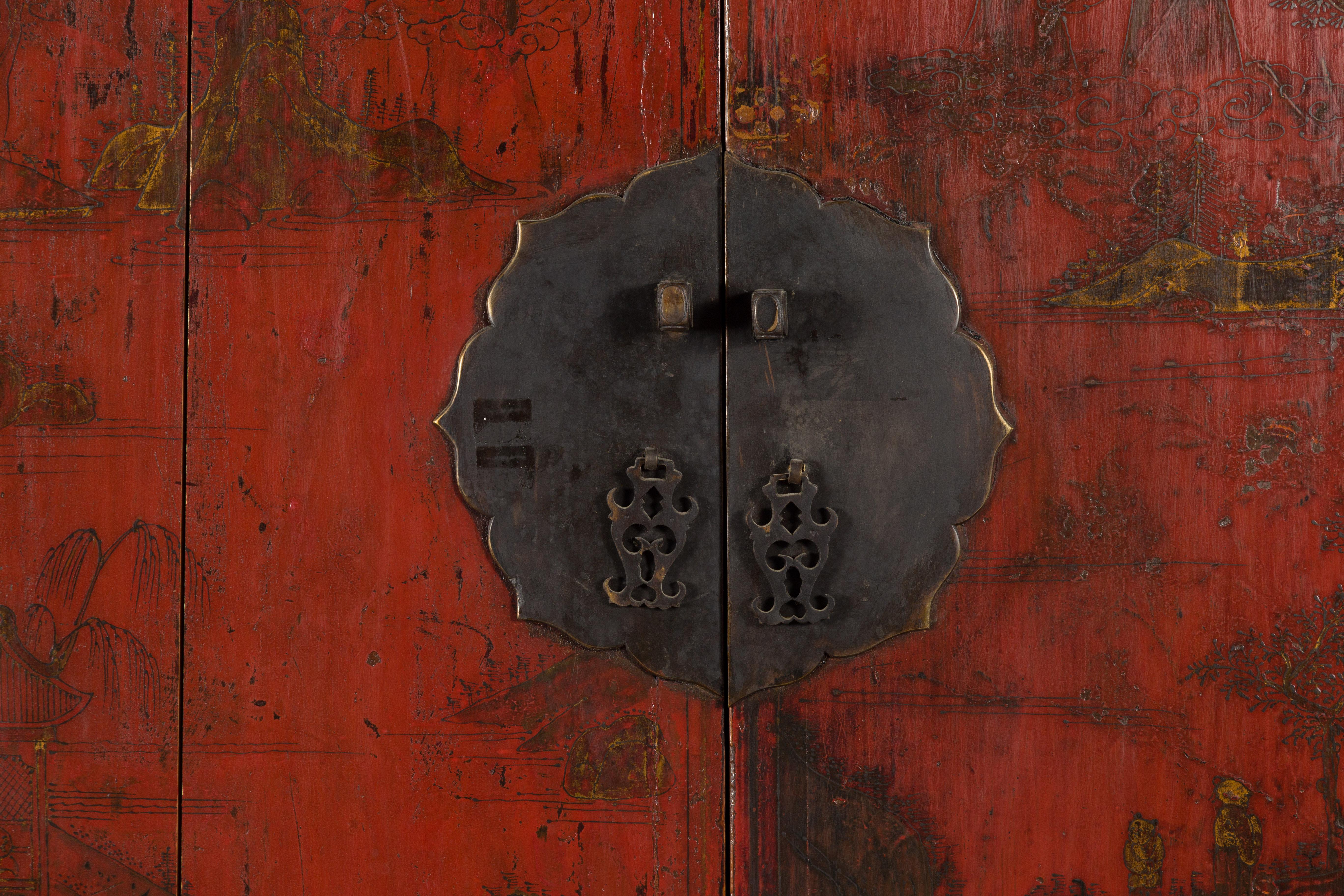 19th Century Chinese Qing Dynasty Red Lacquer Cabinet with Hand-Painted Décor For Sale