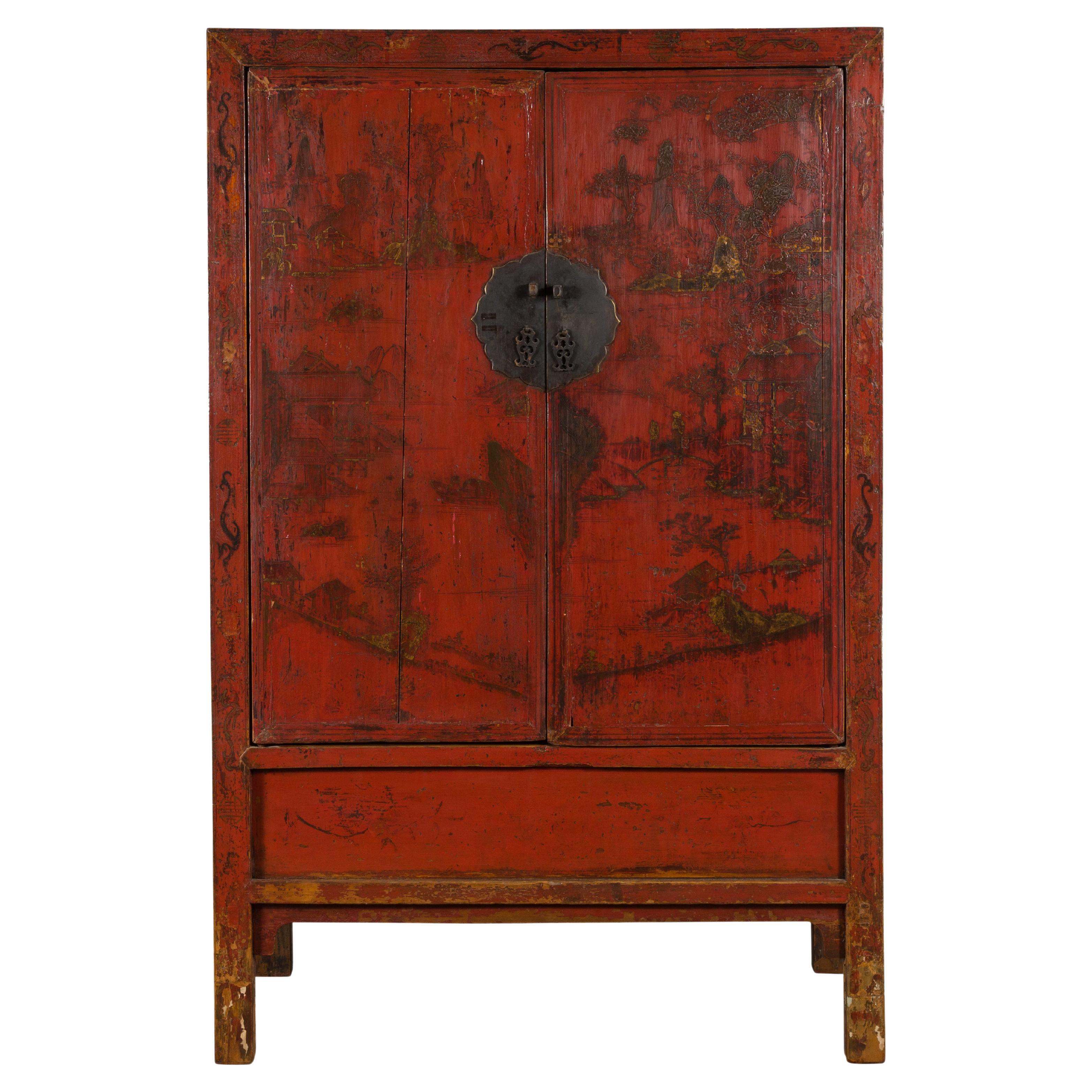 Chinese Qing Dynasty Red Lacquer Cabinet with Hand-Painted Décor For Sale