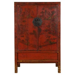 Vintage Chinese Qing Dynasty Red Lacquer Cabinet with Hand-Painted Décor