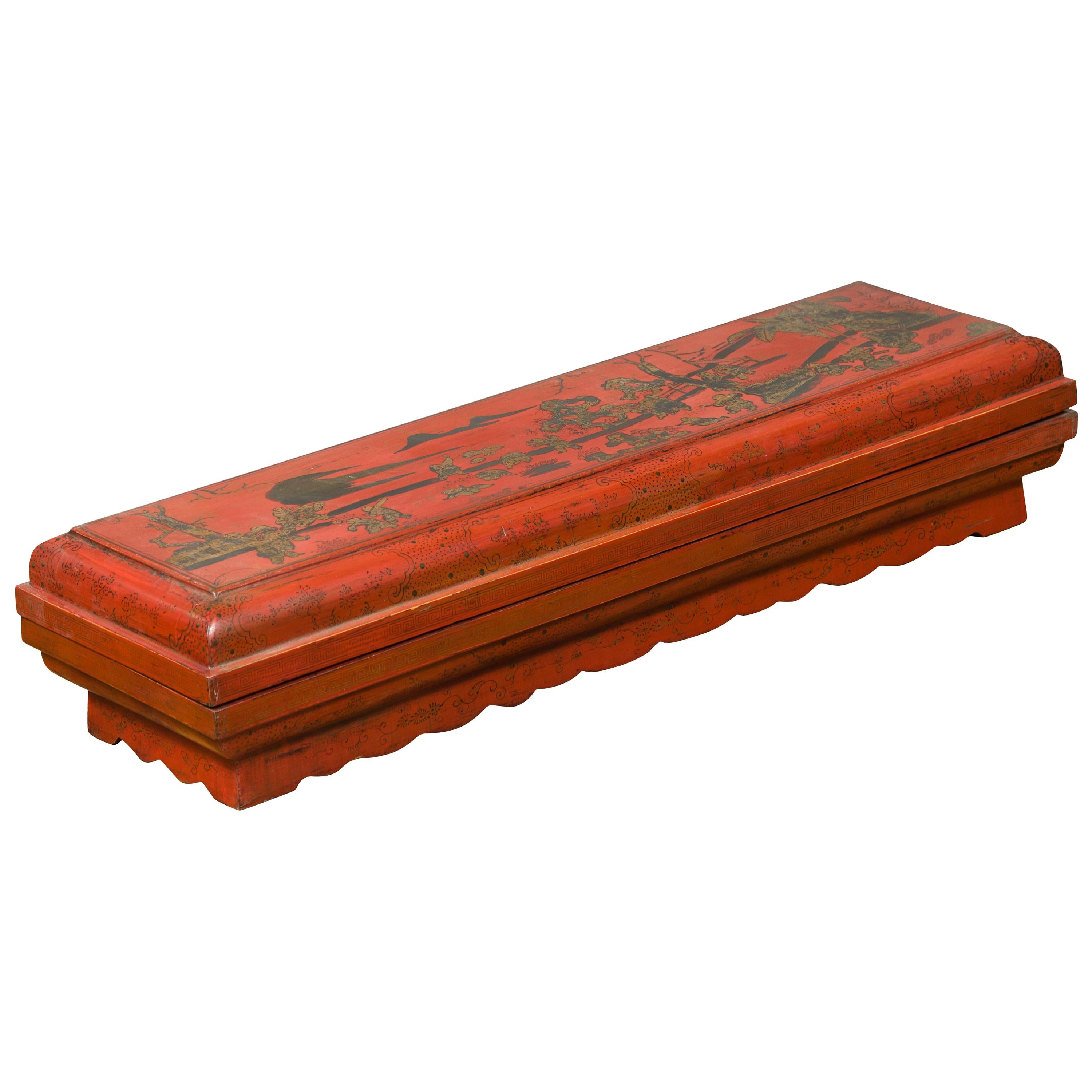Qing Dynasty Red Lacquered Scroll Box with Distressed Gold Chinoiserie Décor For Sale
