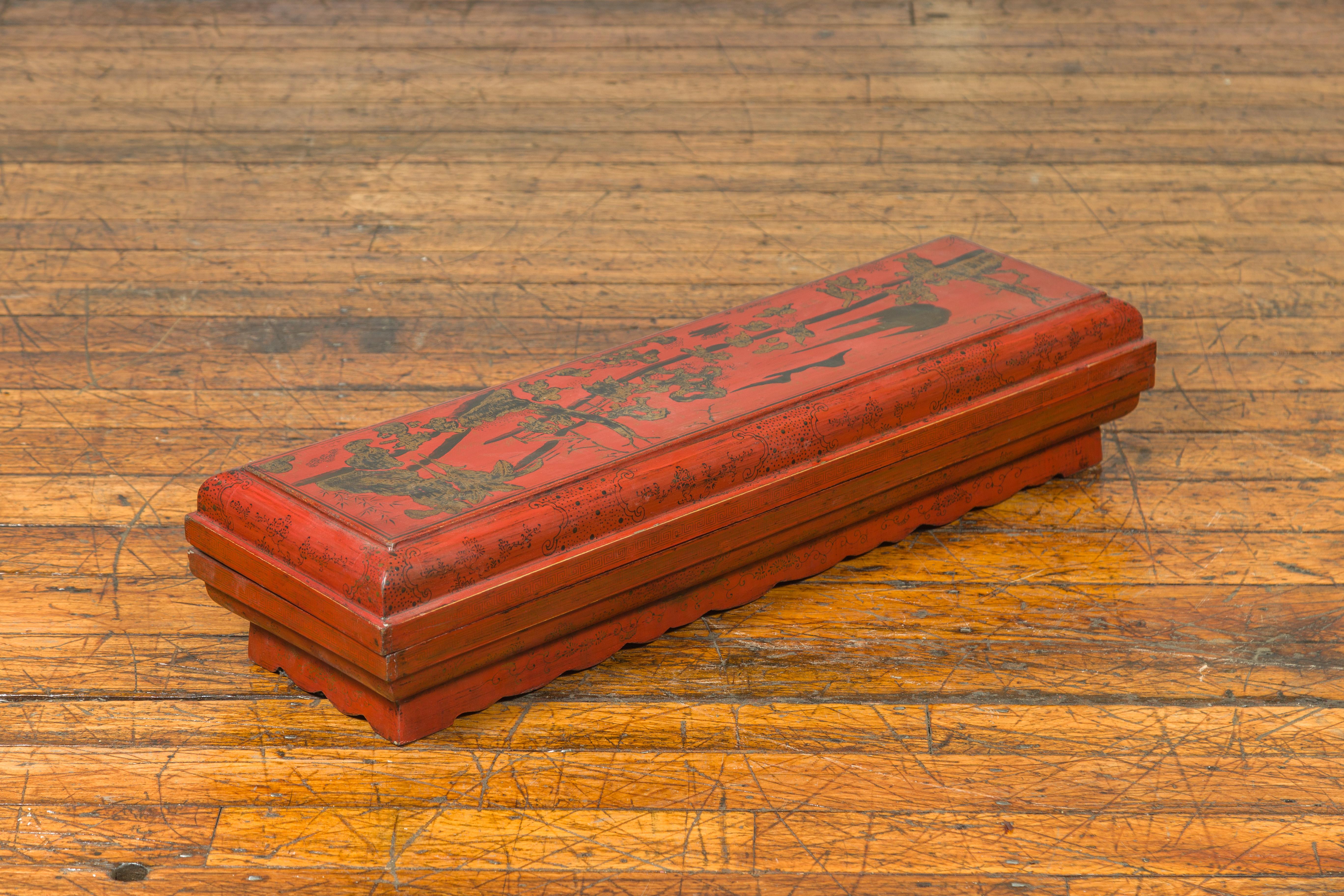 Chinese Qing Dynasty Red Lacquered Scroll Box with Distressed Gold Chinoiserie For Sale 5