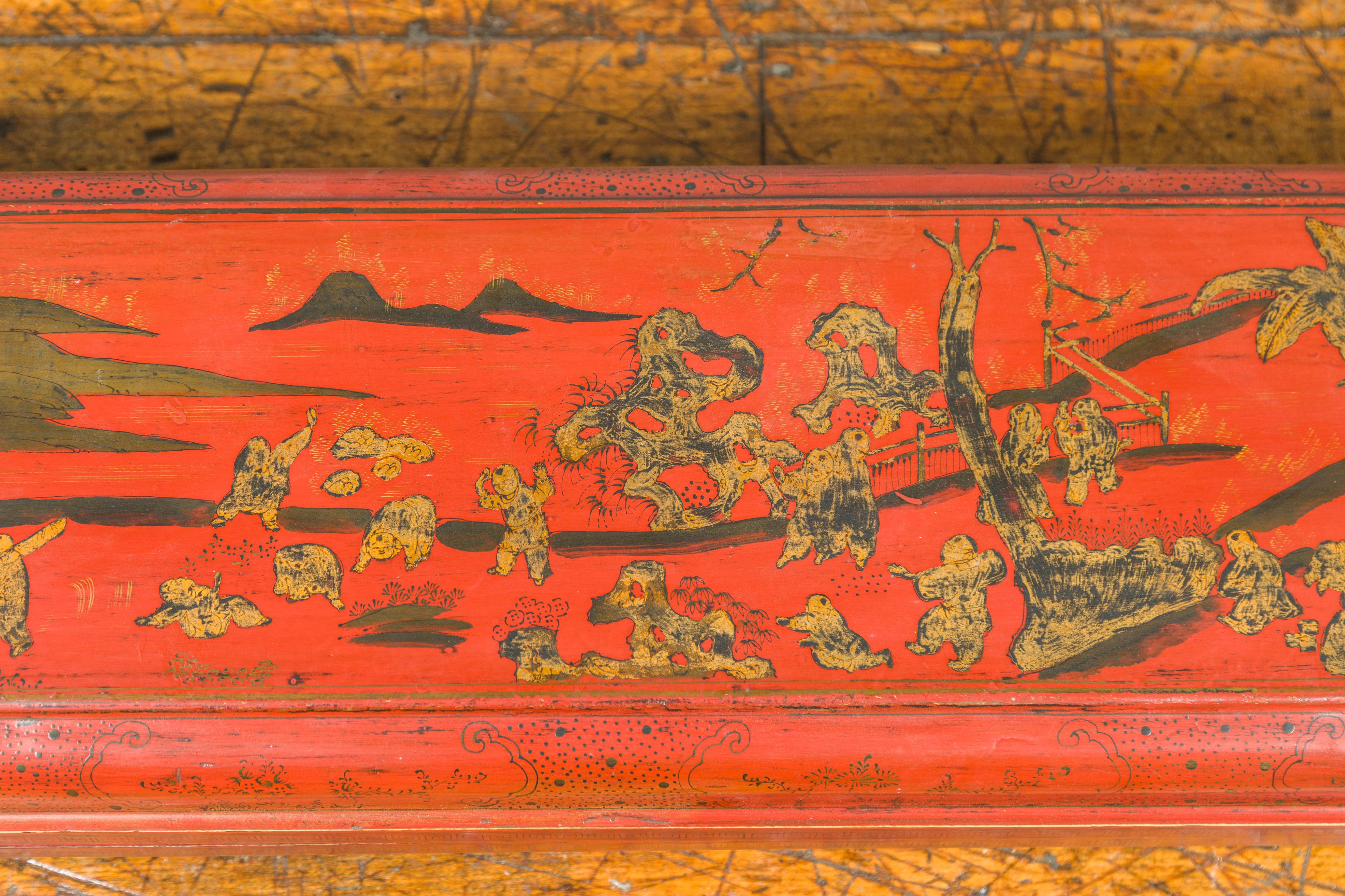 19th Century Chinese Qing Dynasty Red Lacquered Scroll Box with Distressed Gold Chinoiserie For Sale