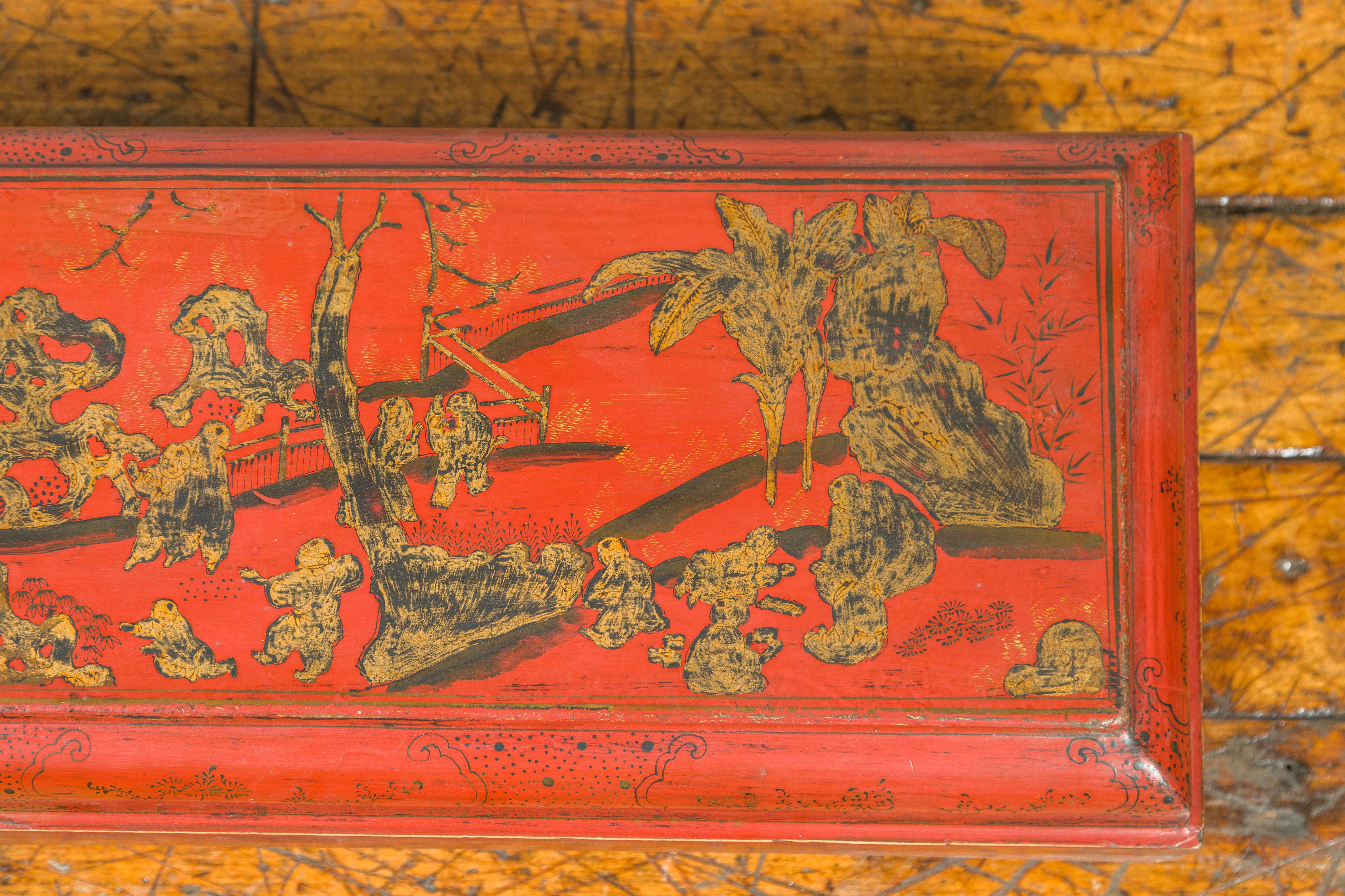 19th Century Qing Dynasty Red Lacquered Scroll Box with Distressed Gold Chinoiserie Décor For Sale