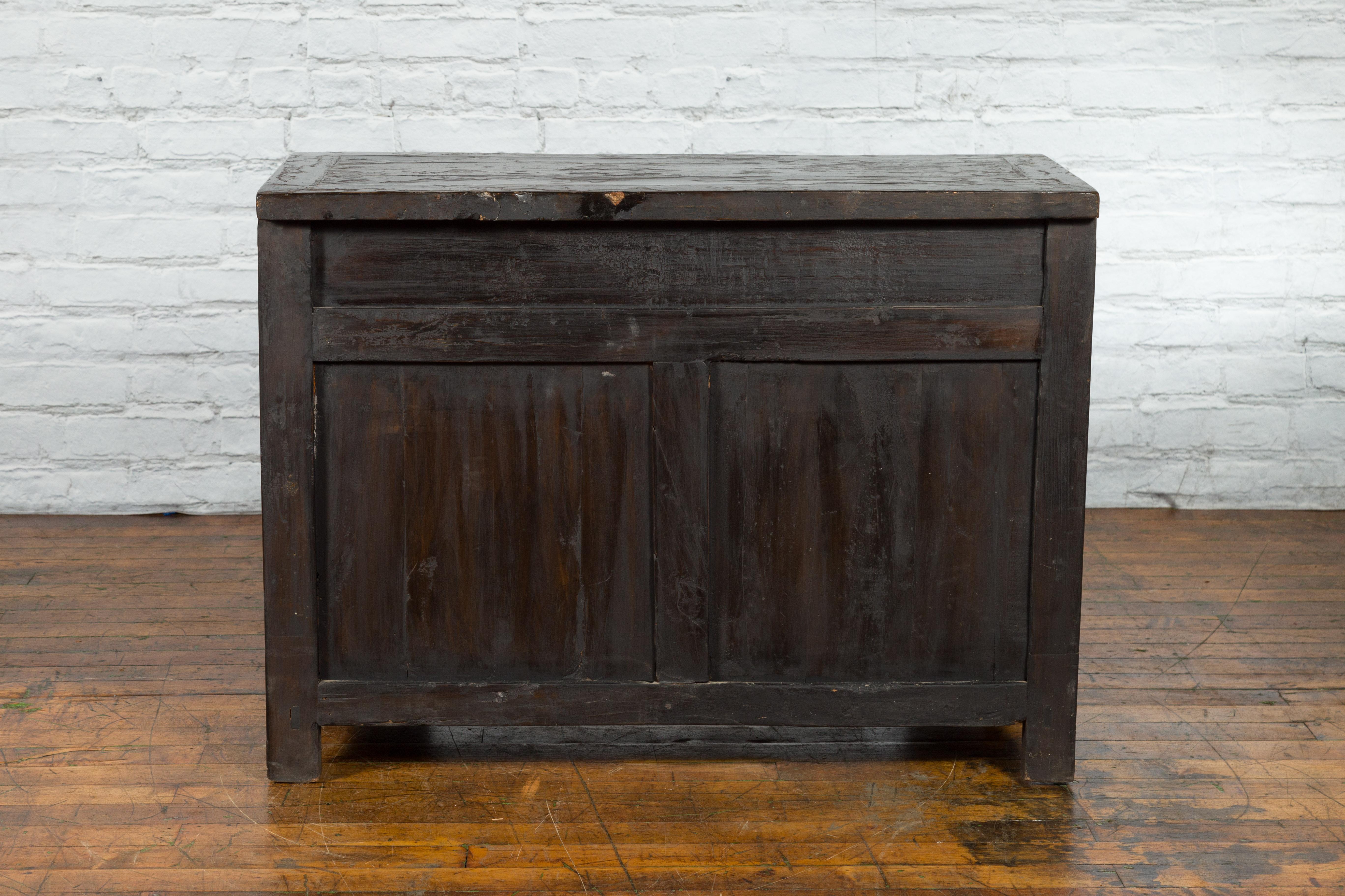 Chinese Qing Dynasty Reddish Brown Lacquer Side Cabinet with Doors and Drawers For Sale 9