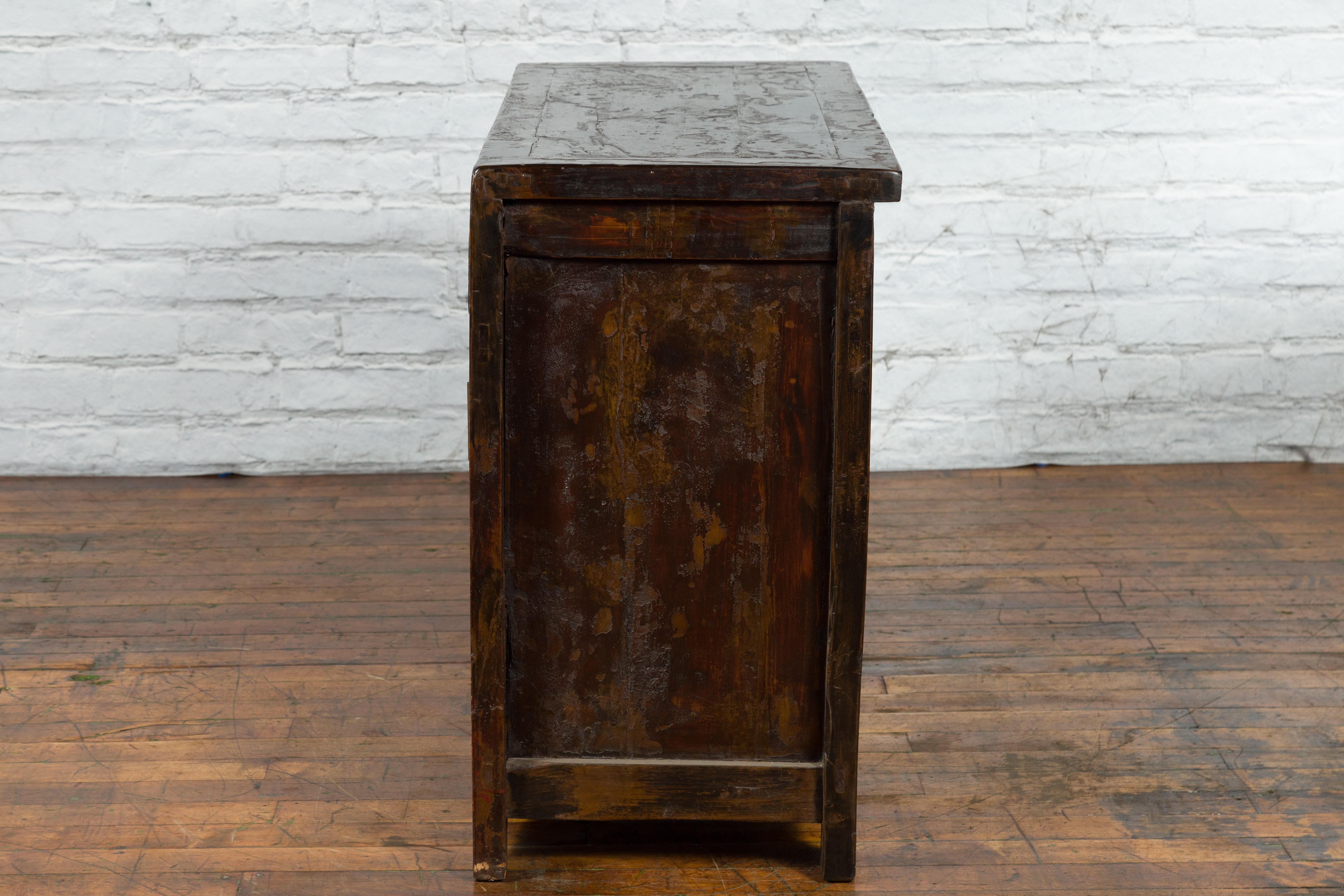 Chinese Qing Dynasty Reddish Brown Lacquer Side Cabinet with Doors and Drawers For Sale 10