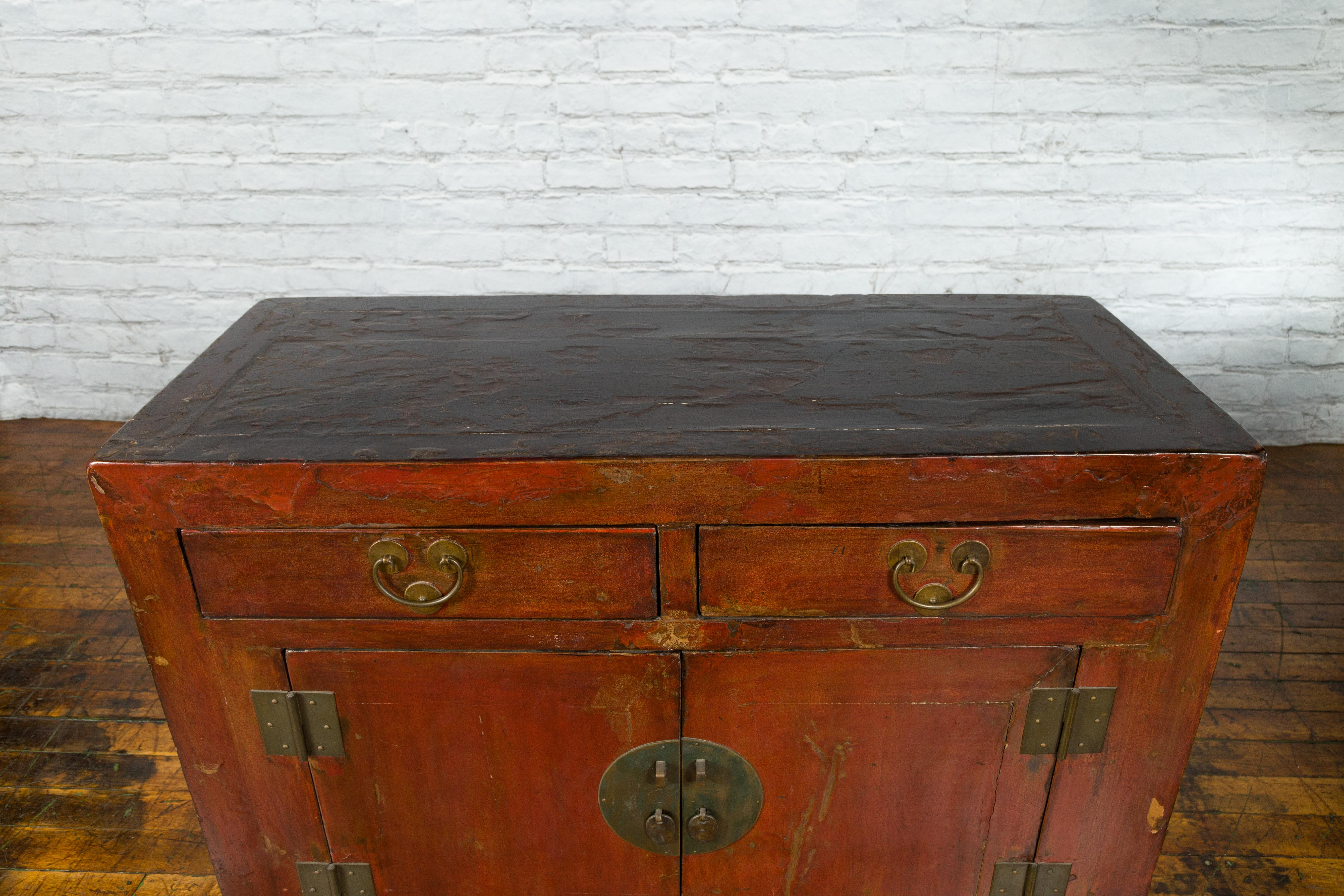 Chinese Qing Dynasty Reddish Brown Lacquer Side Cabinet with Doors and Drawers For Sale 11