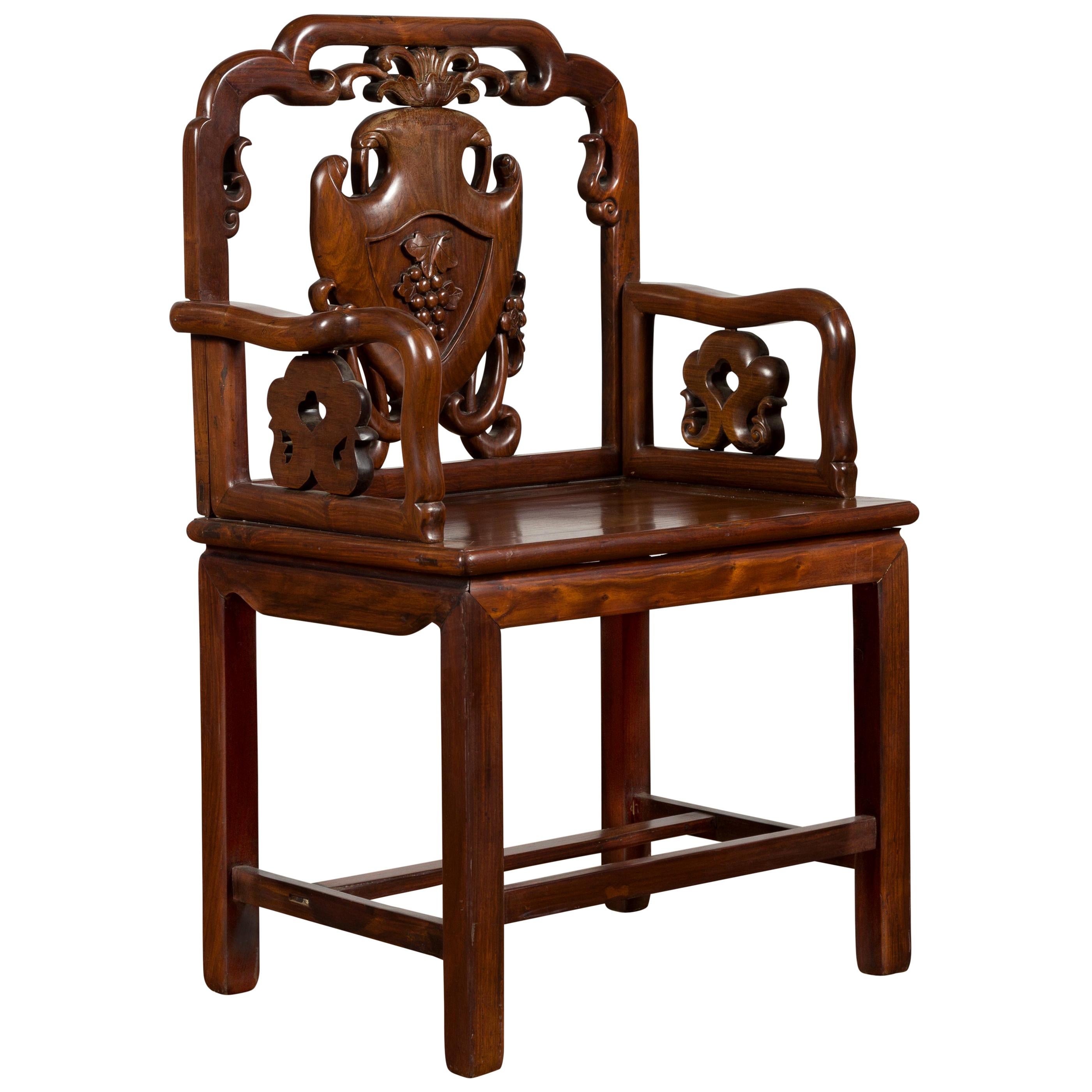 Chinese Qing Dynasty Rosewood Armchair with Carved Splat and Arm Supports