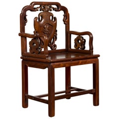 Antique Chinese Qing Dynasty Rosewood Armchair with Carved Splat and Arm Supports