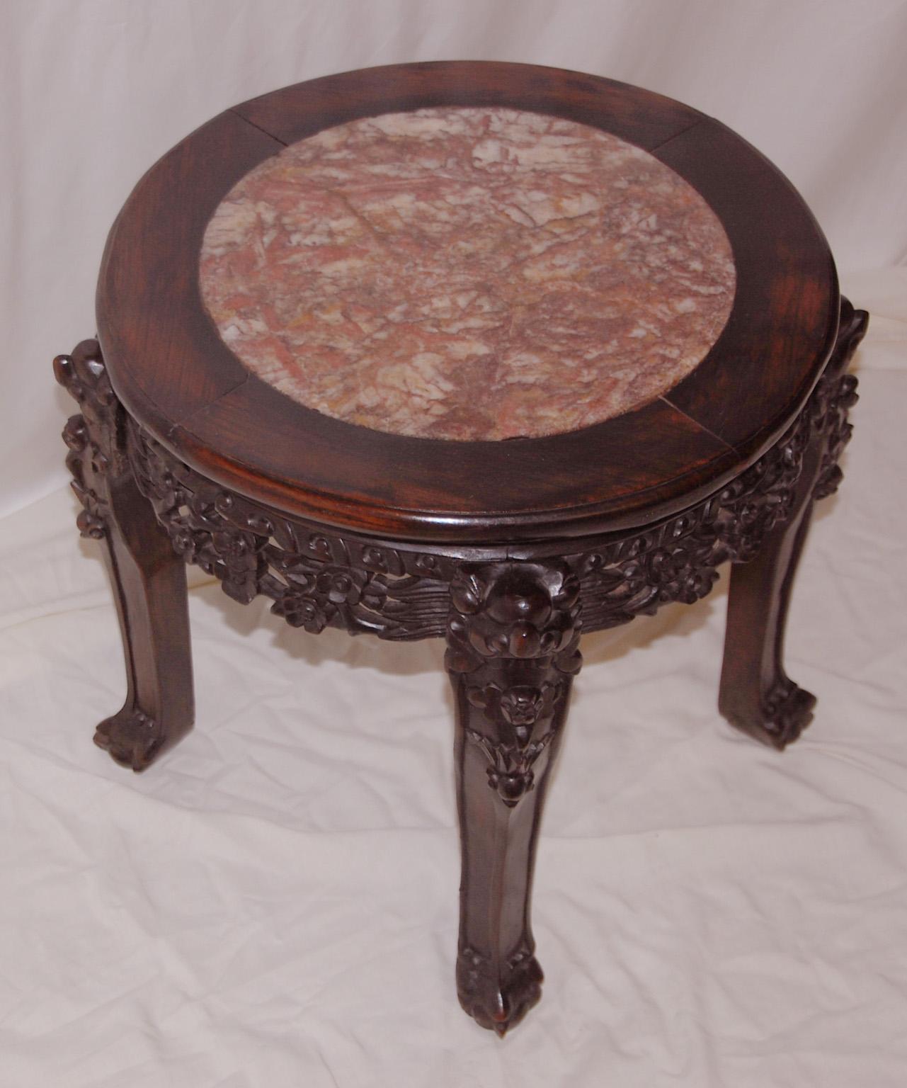 Chinese Qing Dynasty Rosewood Carved Stool with Rose Marble Inlaid Seat In Good Condition For Sale In Wells, ME