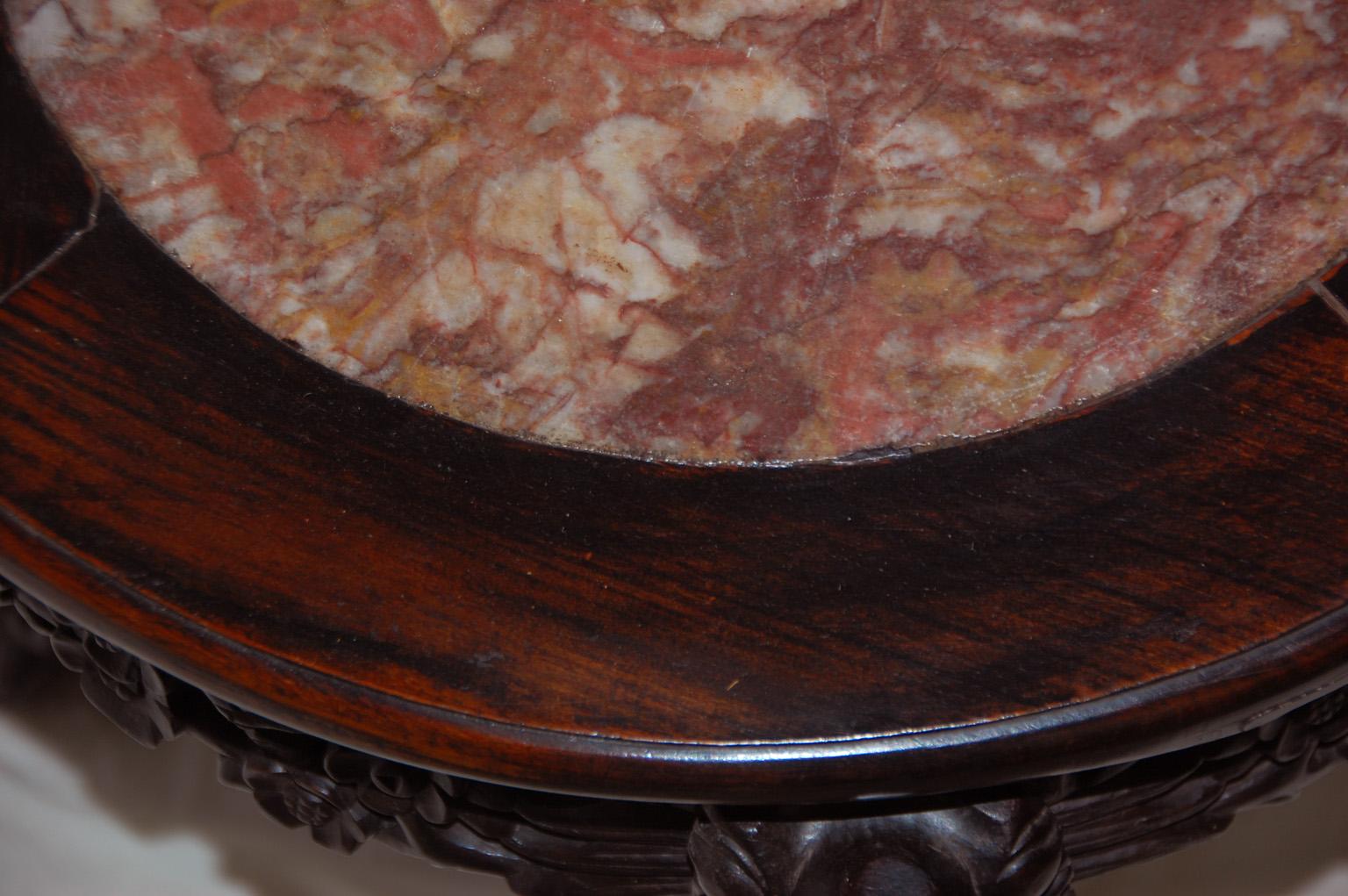 19th Century Chinese Qing Dynasty Rosewood Carved Stool with Rose Marble Inlaid Seat For Sale