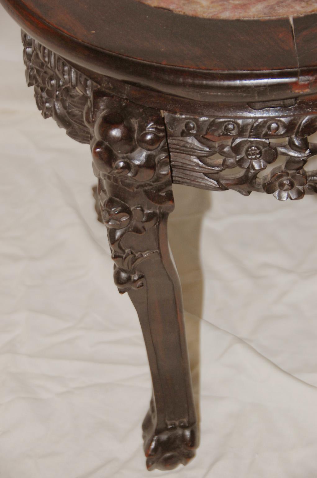 Chinese Qing Dynasty Rosewood Carved Stool with Rose Marble Inlaid Seat For Sale 1