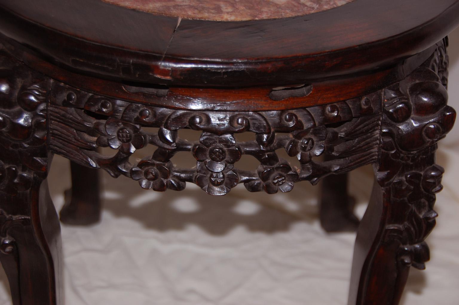 Chinese Qing Dynasty Rosewood Carved Stool with Rose Marble Inlaid Seat For Sale 2