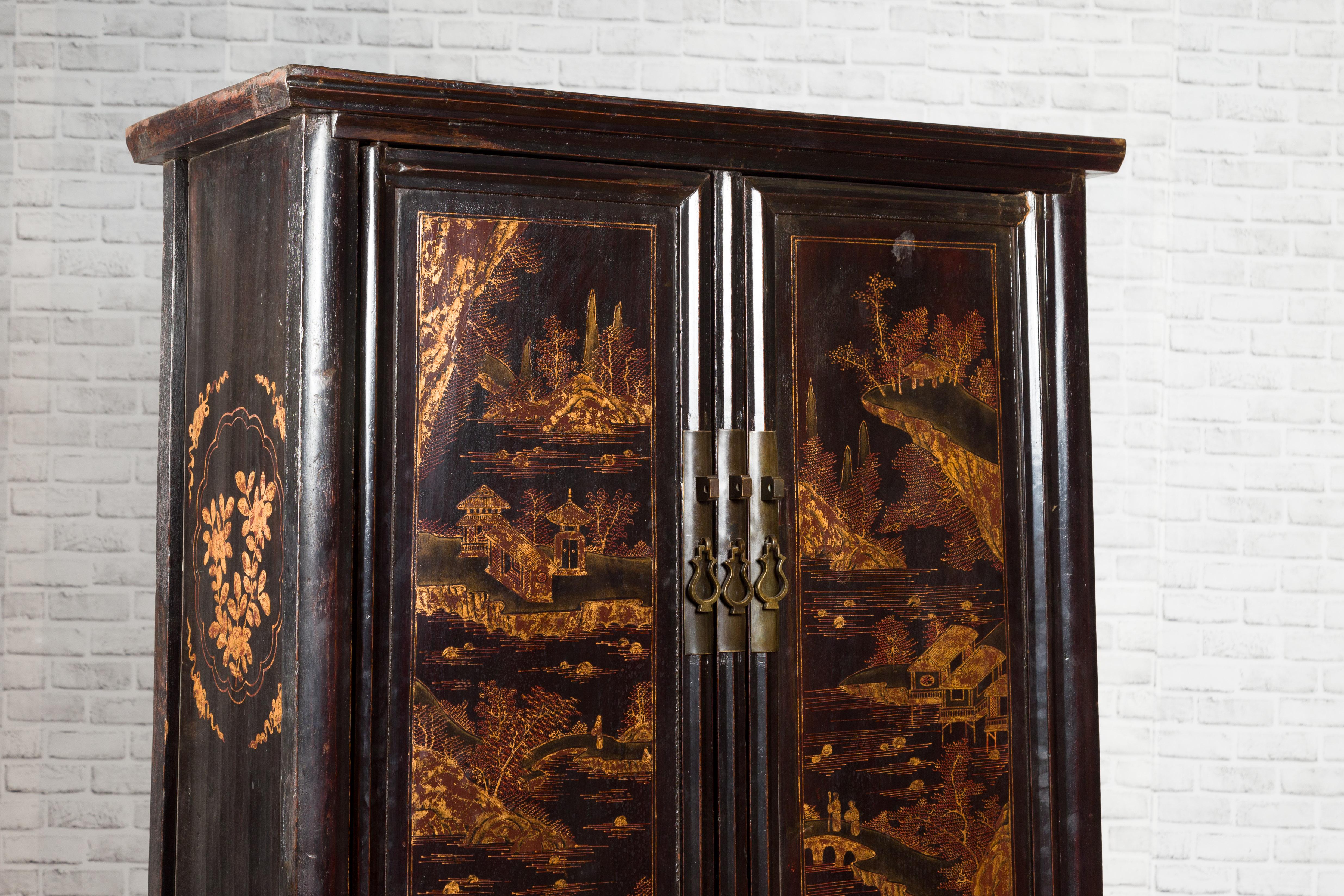 Chinese Qing Dynasty Shanxi Black Lacquer Cabinet with Golden Chinoiserie Décor 6