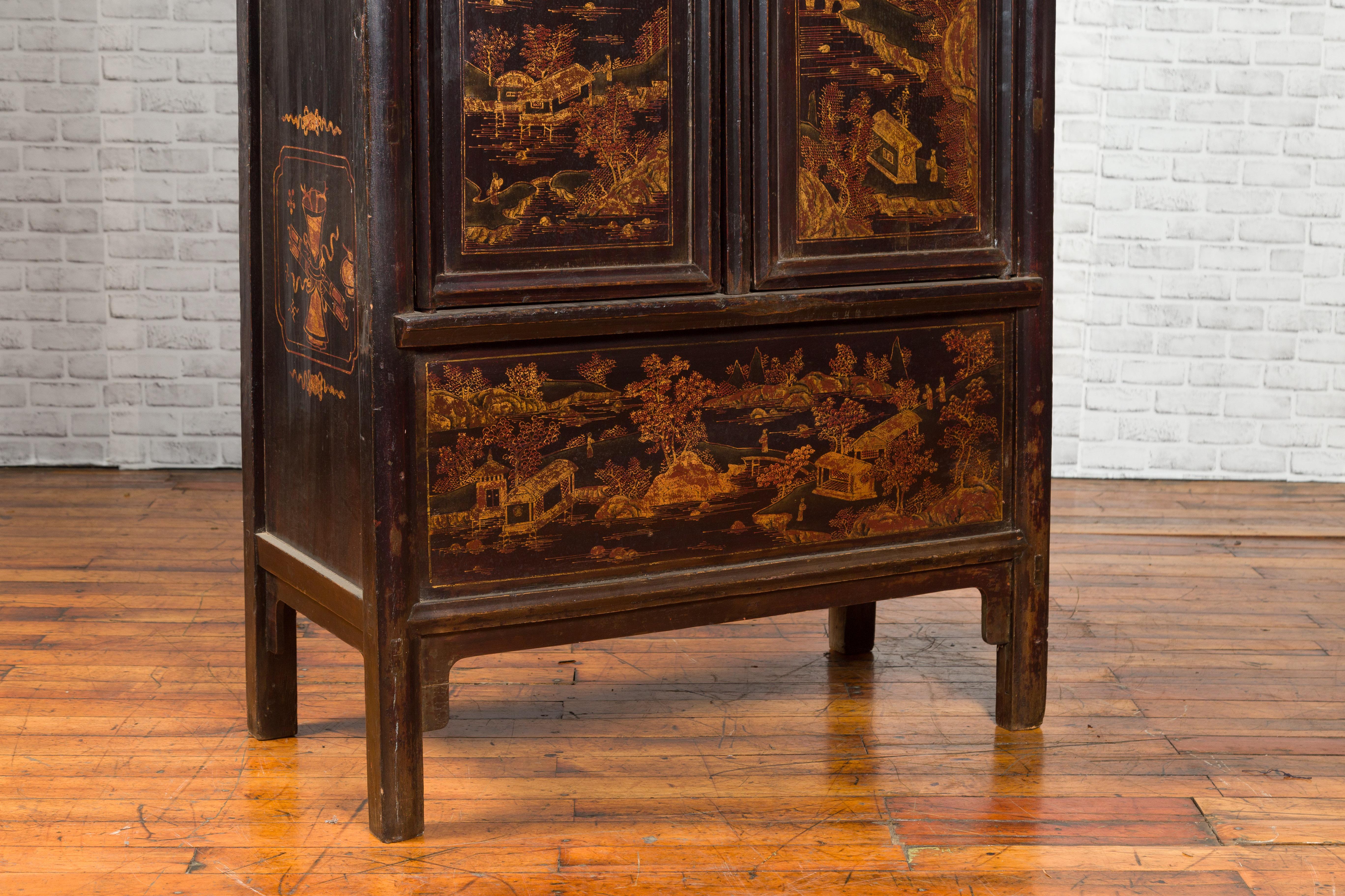 Chinese Qing Dynasty Shanxi Black Lacquer Cabinet with Golden Chinoiserie Décor 7