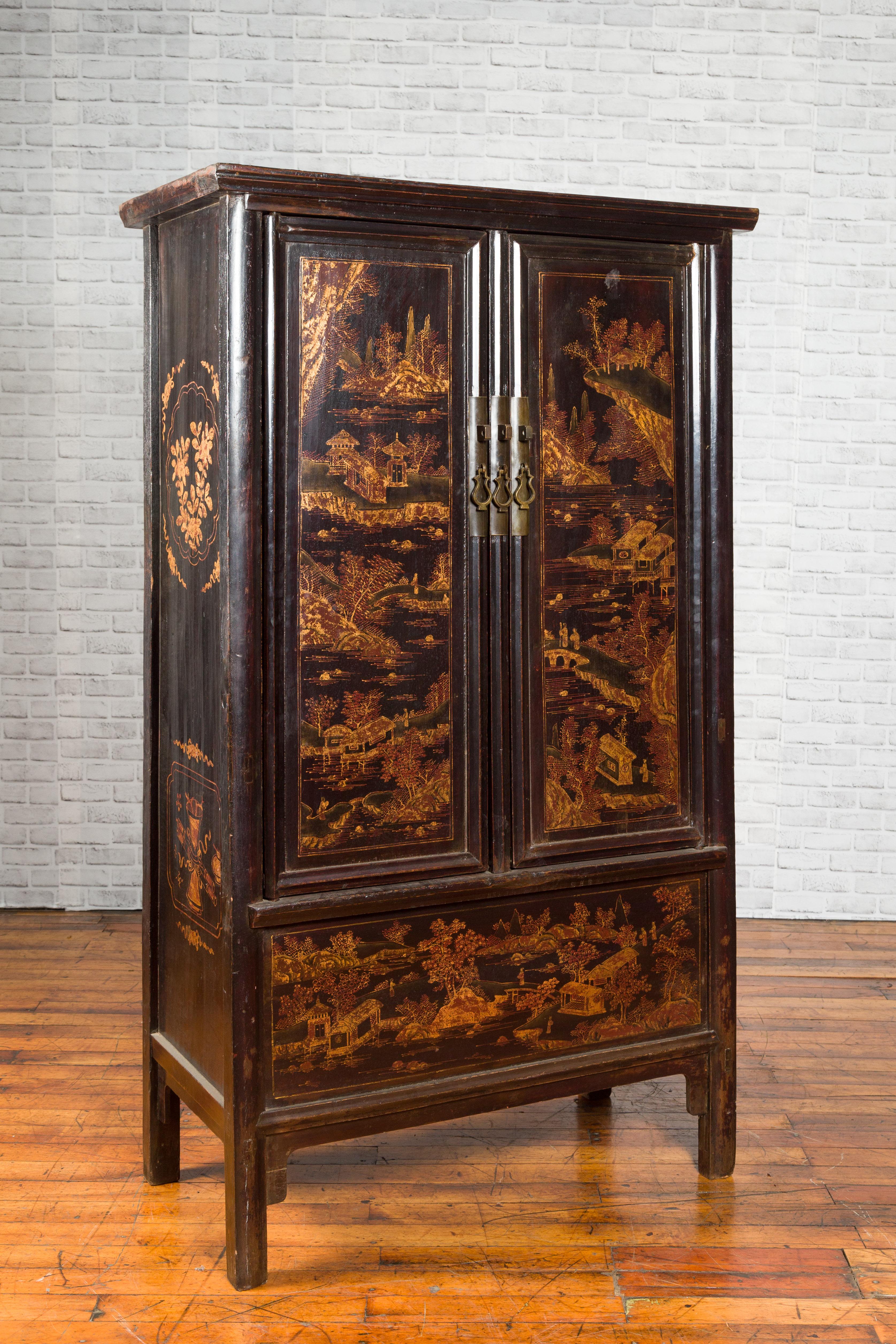 Lacquered Chinese Qing Dynasty Shanxi Black Lacquer Cabinet with Golden Chinoiserie Décor