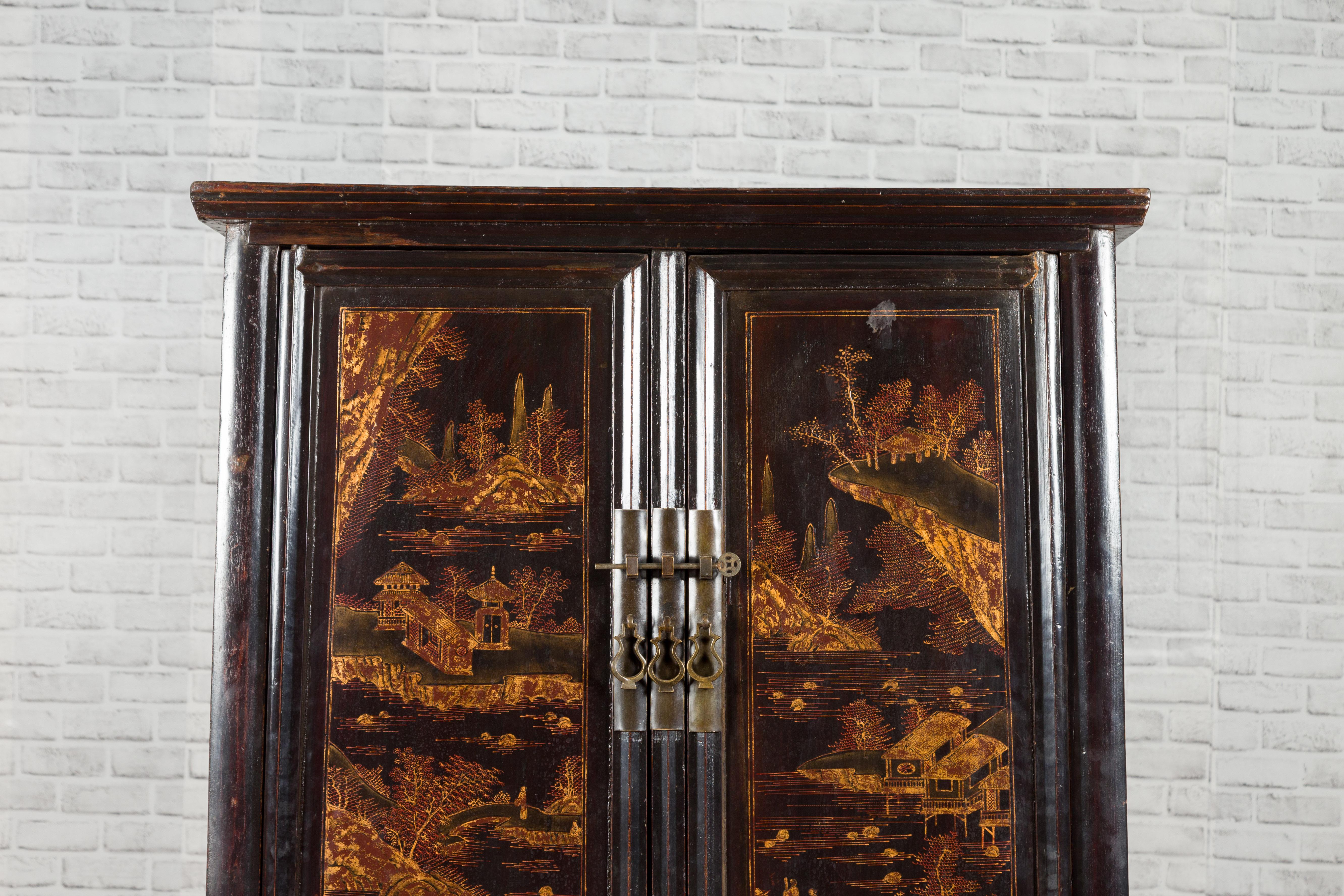 19th Century Chinese Qing Dynasty Shanxi Black Lacquer Cabinet with Golden Chinoiserie Décor