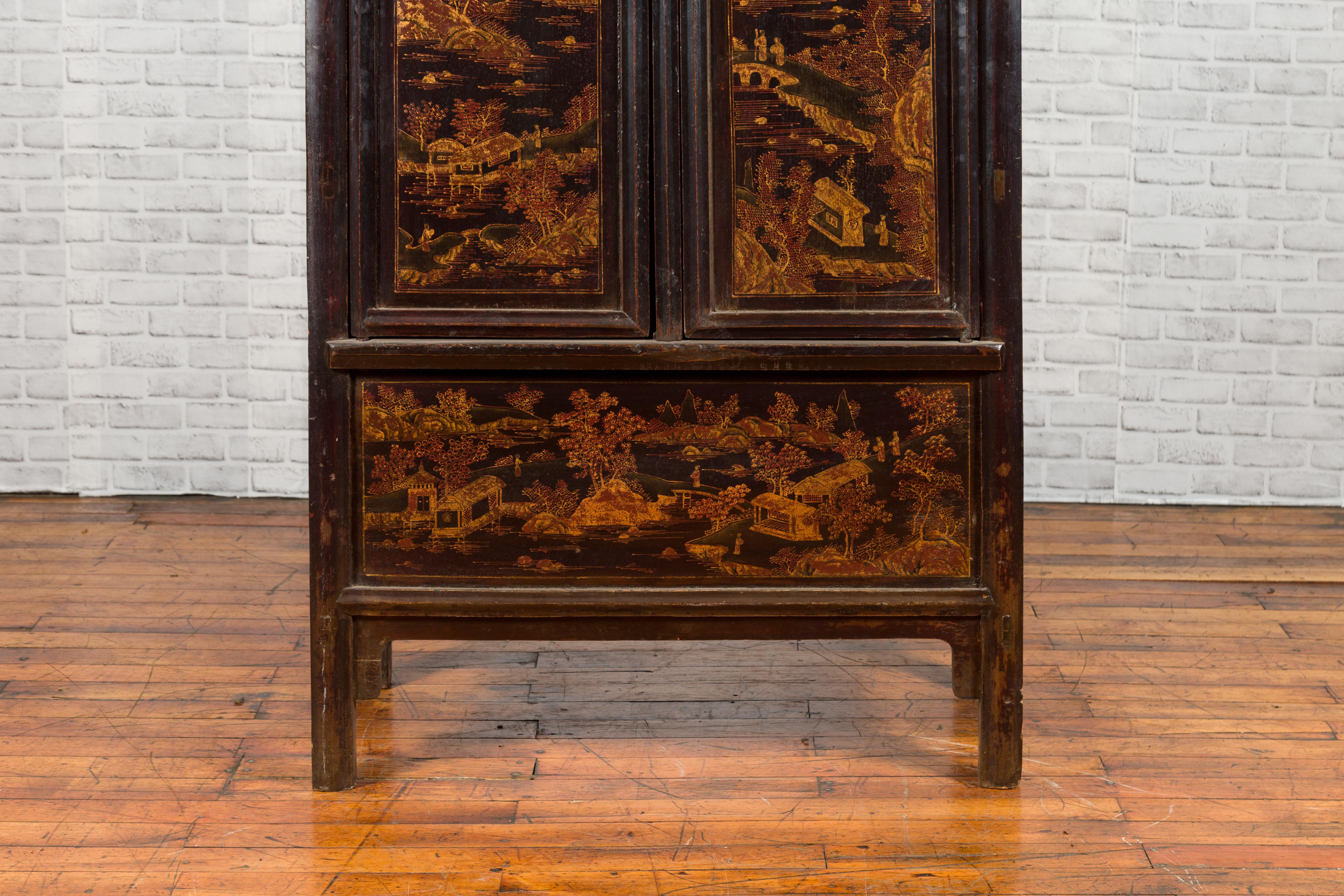 Wood Chinese Qing Dynasty Shanxi Black Lacquer Cabinet with Golden Chinoiserie Décor