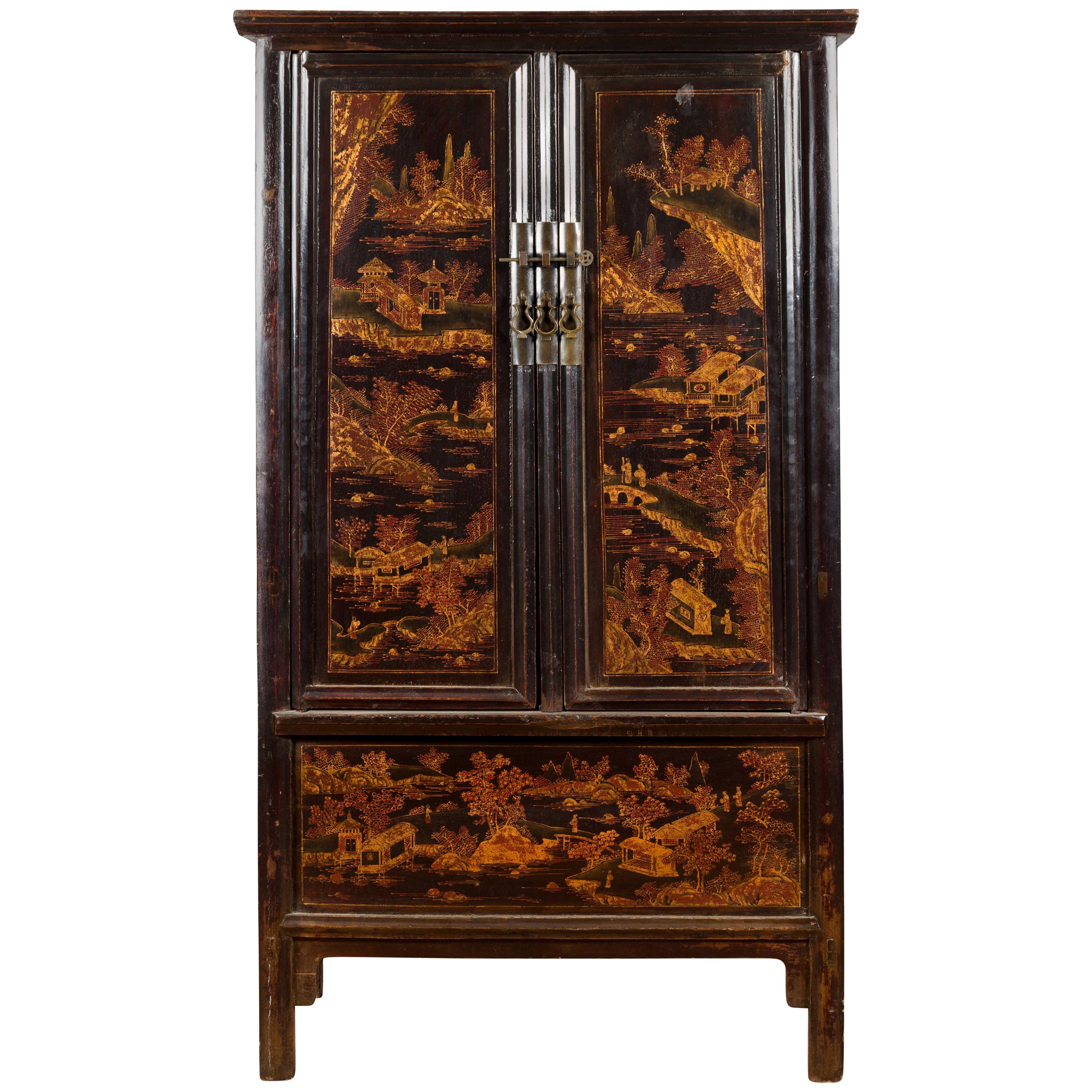 Chinese Qing Dynasty Shanxi Black Lacquer Cabinet with Golden Chinoiserie Décor