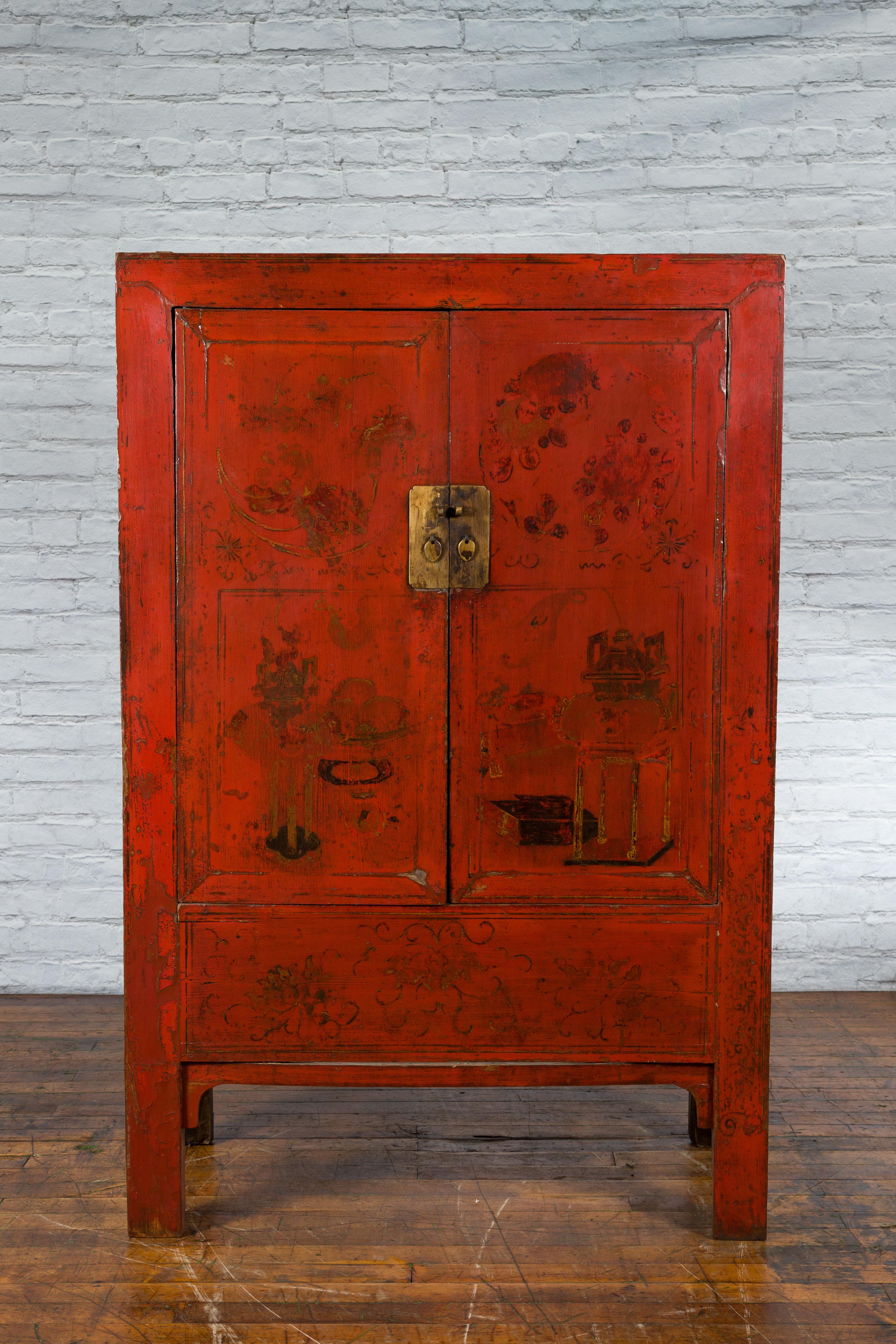 Chinese Qing Dynasty Shanxi Wedding Cabinet with Original Red Lacquer For Sale 4